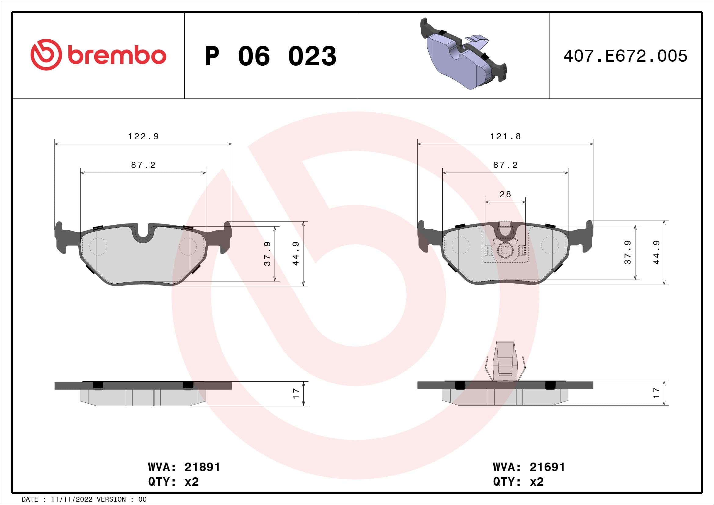BREMBO Sada brzdových platničiek kotúčovej brzdy P06023 1