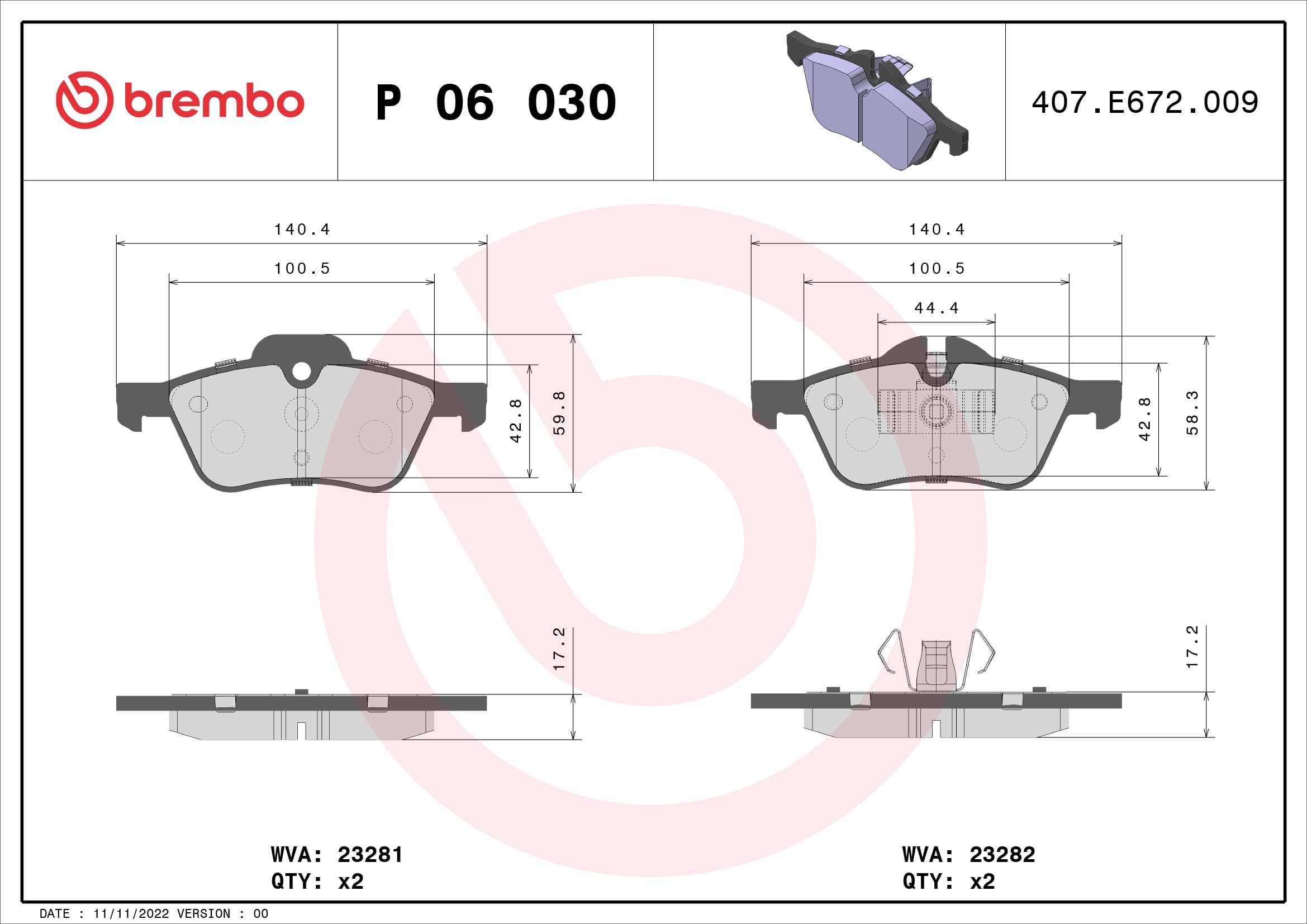 BREMBO Sada brzdových platničiek kotúčovej brzdy P06030 1