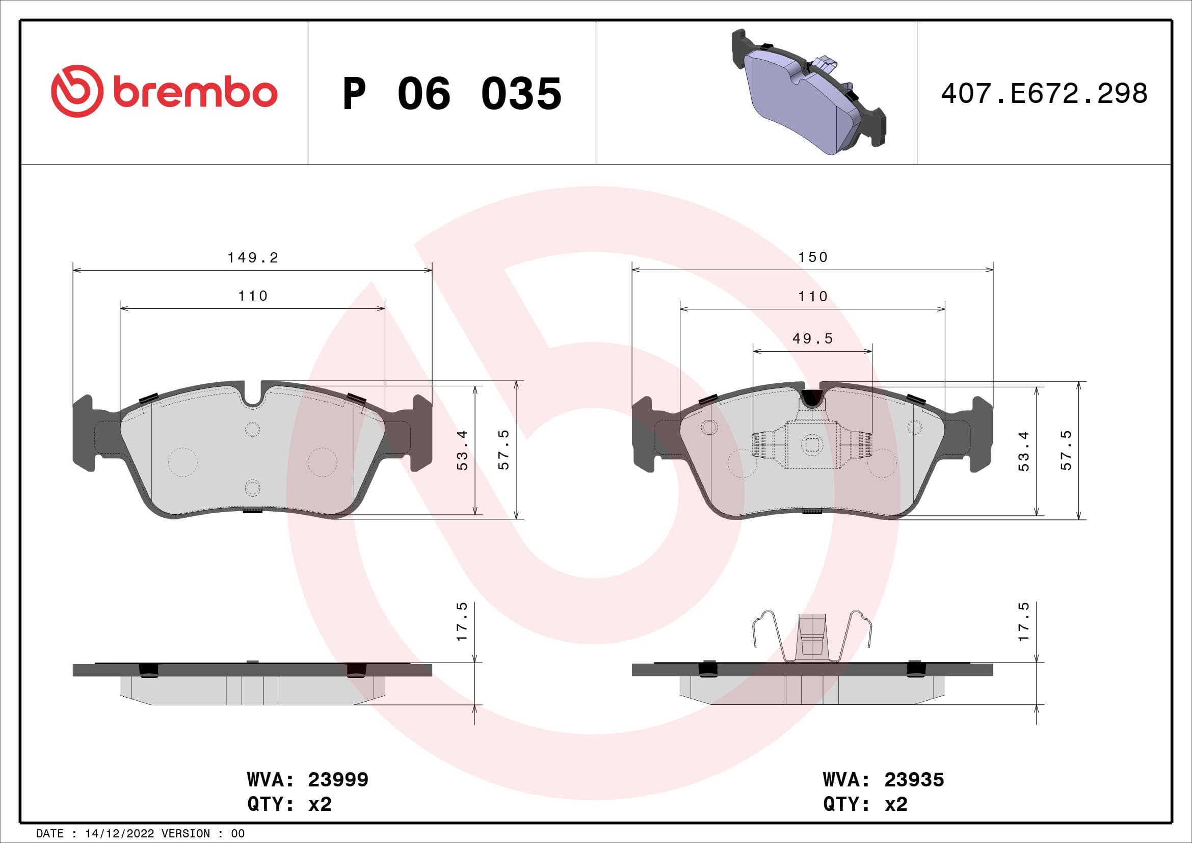 BREMBO Sada brzdových platničiek kotúčovej brzdy P06035 1