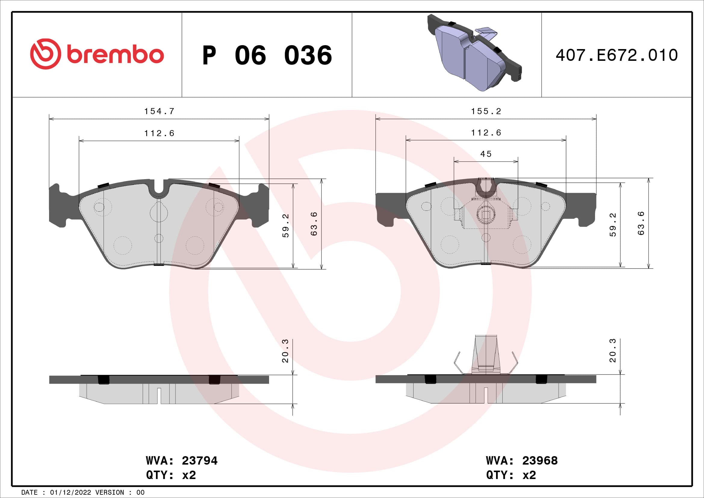 BREMBO Sada brzdových platničiek kotúčovej brzdy P06036 1