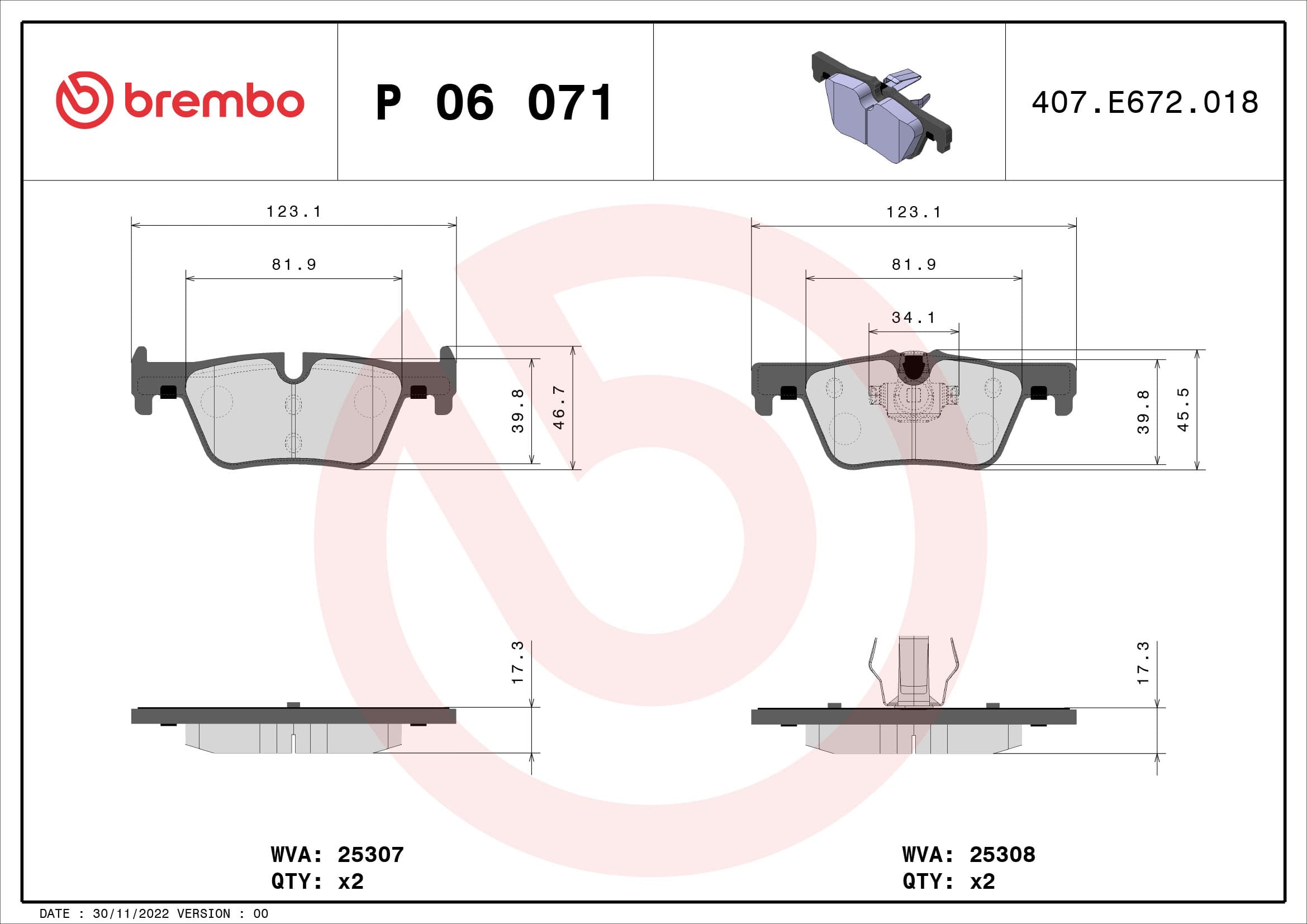 BREMBO Sada brzdových platničiek kotúčovej brzdy P06071 1