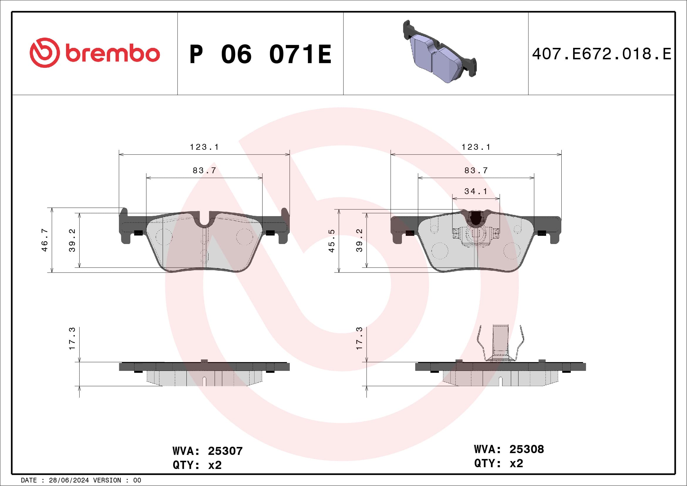 BREMBO Sada brzdových platničiek kotúčovej brzdy P 06 071E 1