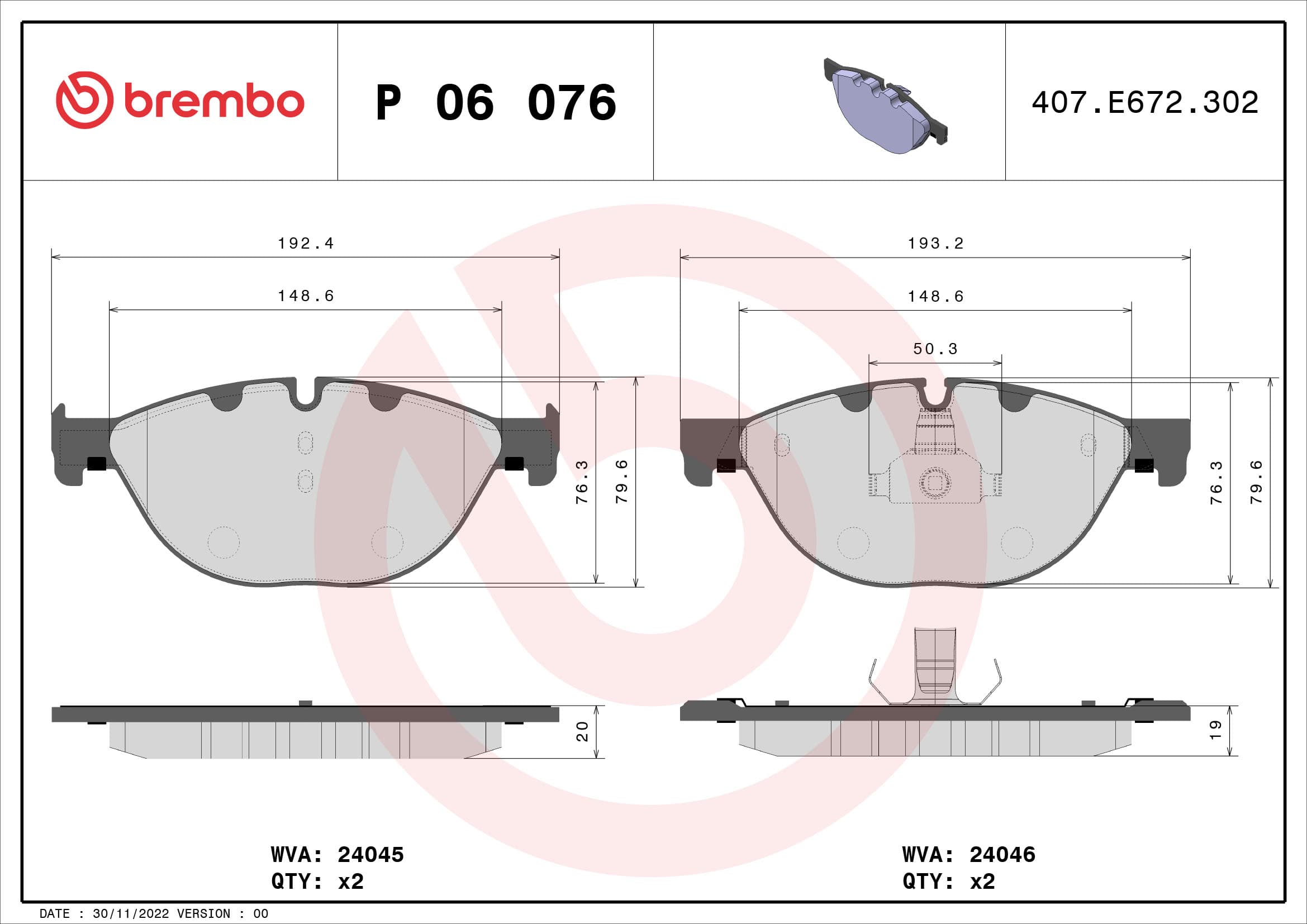 BREMBO Sada brzdových platničiek kotúčovej brzdy P06076 1