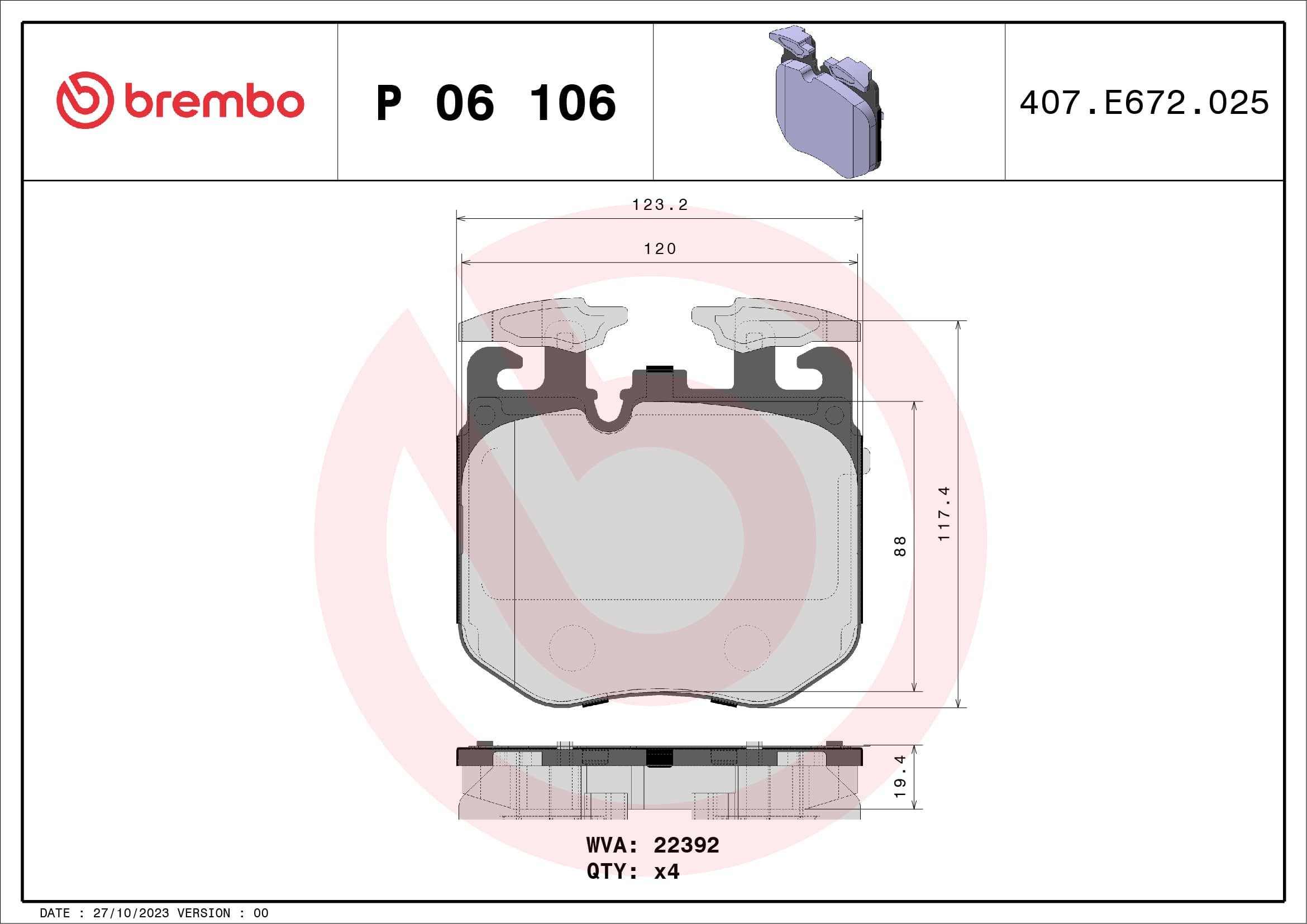BREMBO Sada brzdových platničiek kotúčovej brzdy P06106 1