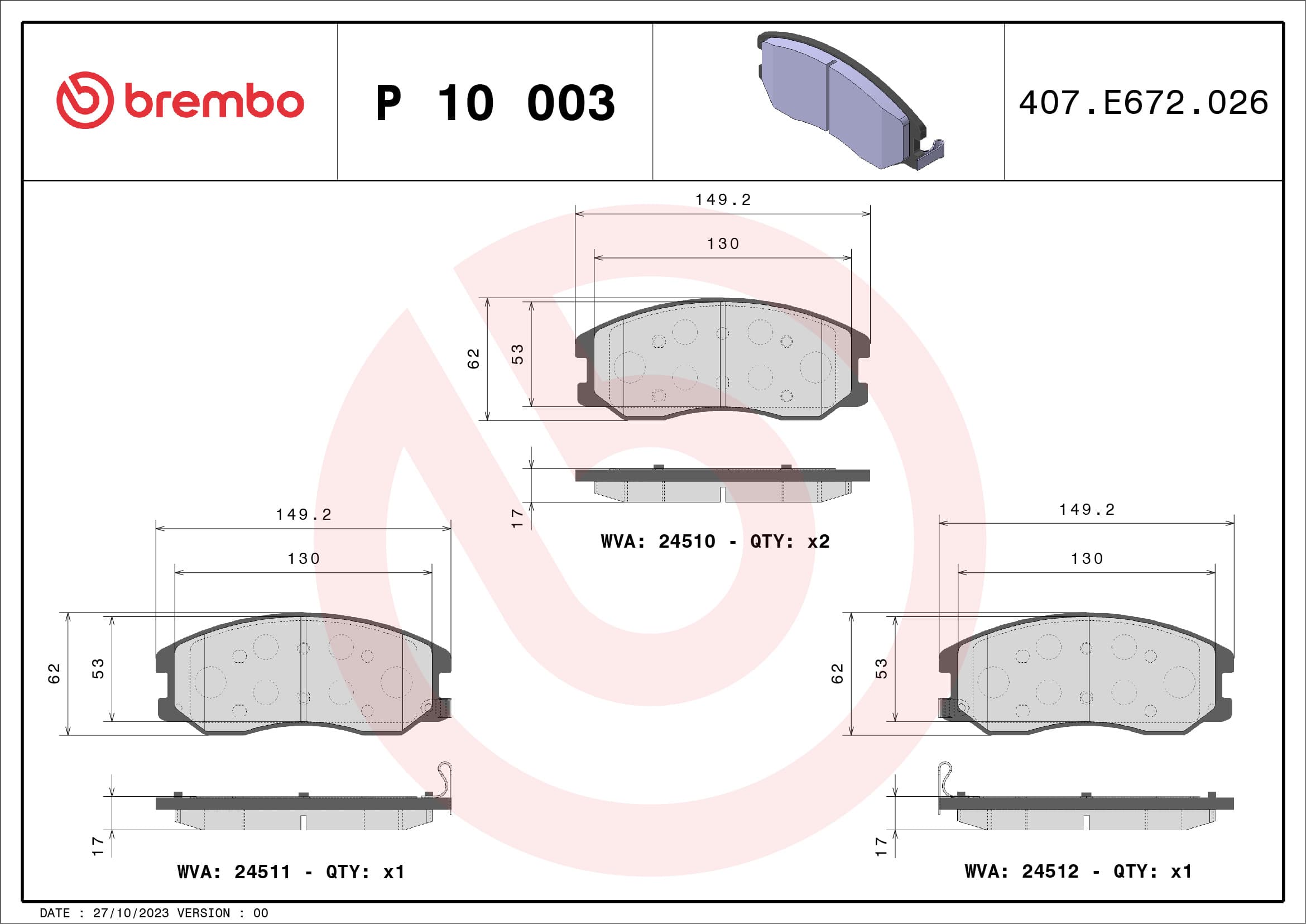 BREMBO Sada brzdových platničiek kotúčovej brzdy P10003 1