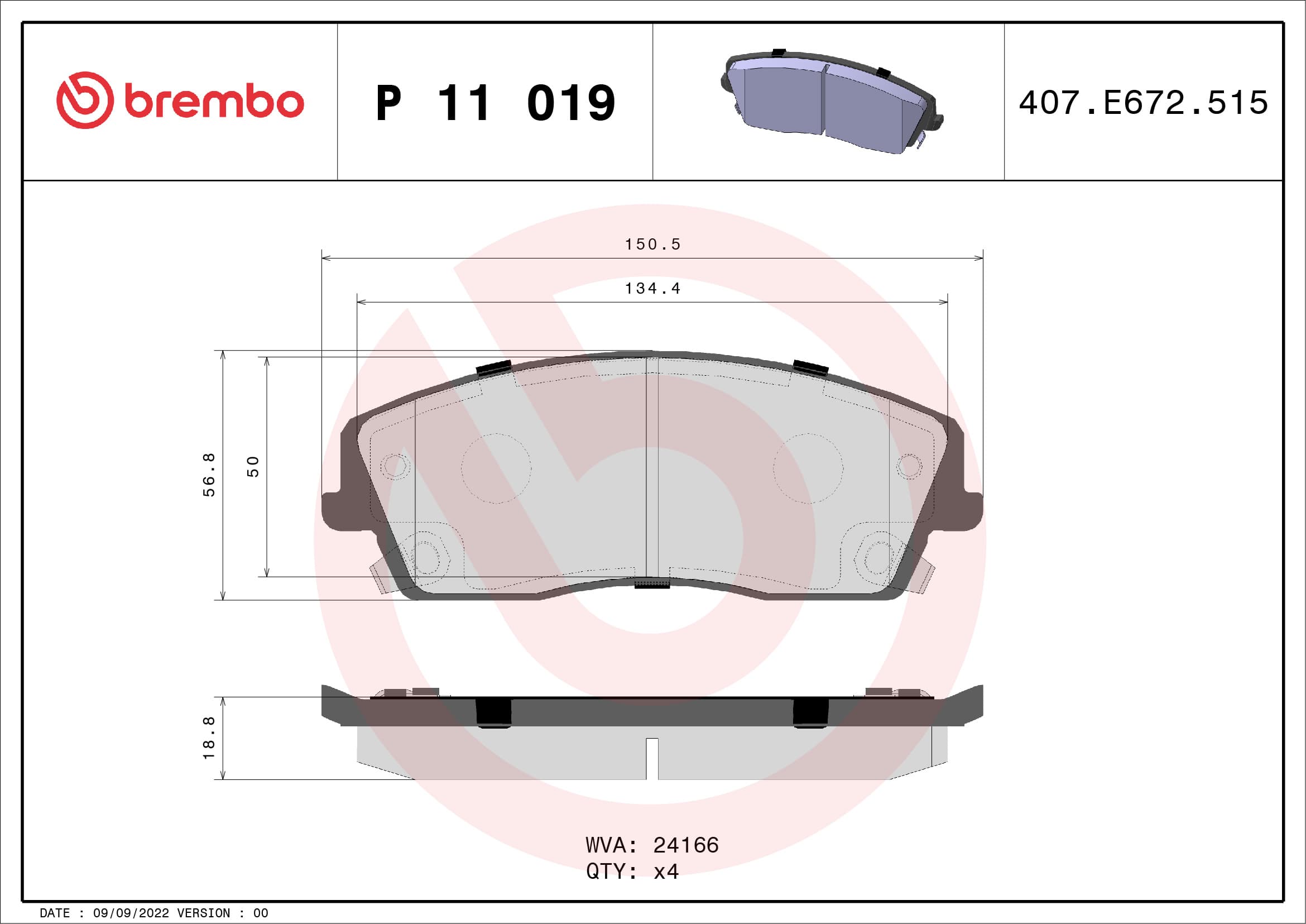 BREMBO Sada brzdových platničiek kotúčovej brzdy P11019 1