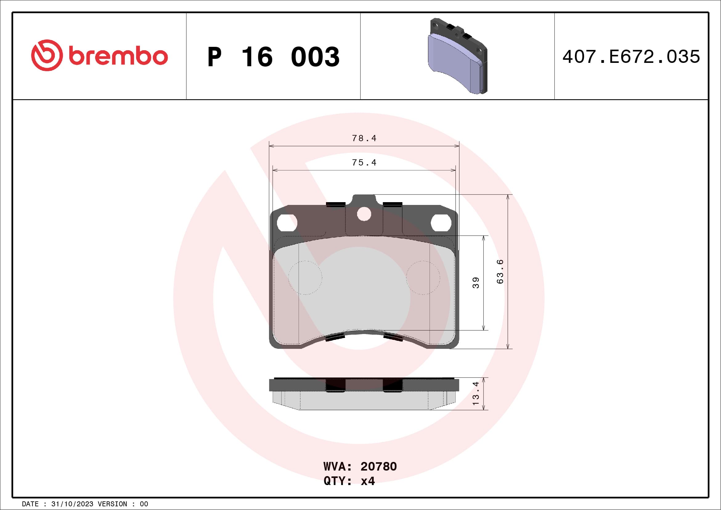 BREMBO Sada brzdových platničiek kotúčovej brzdy P16003 1