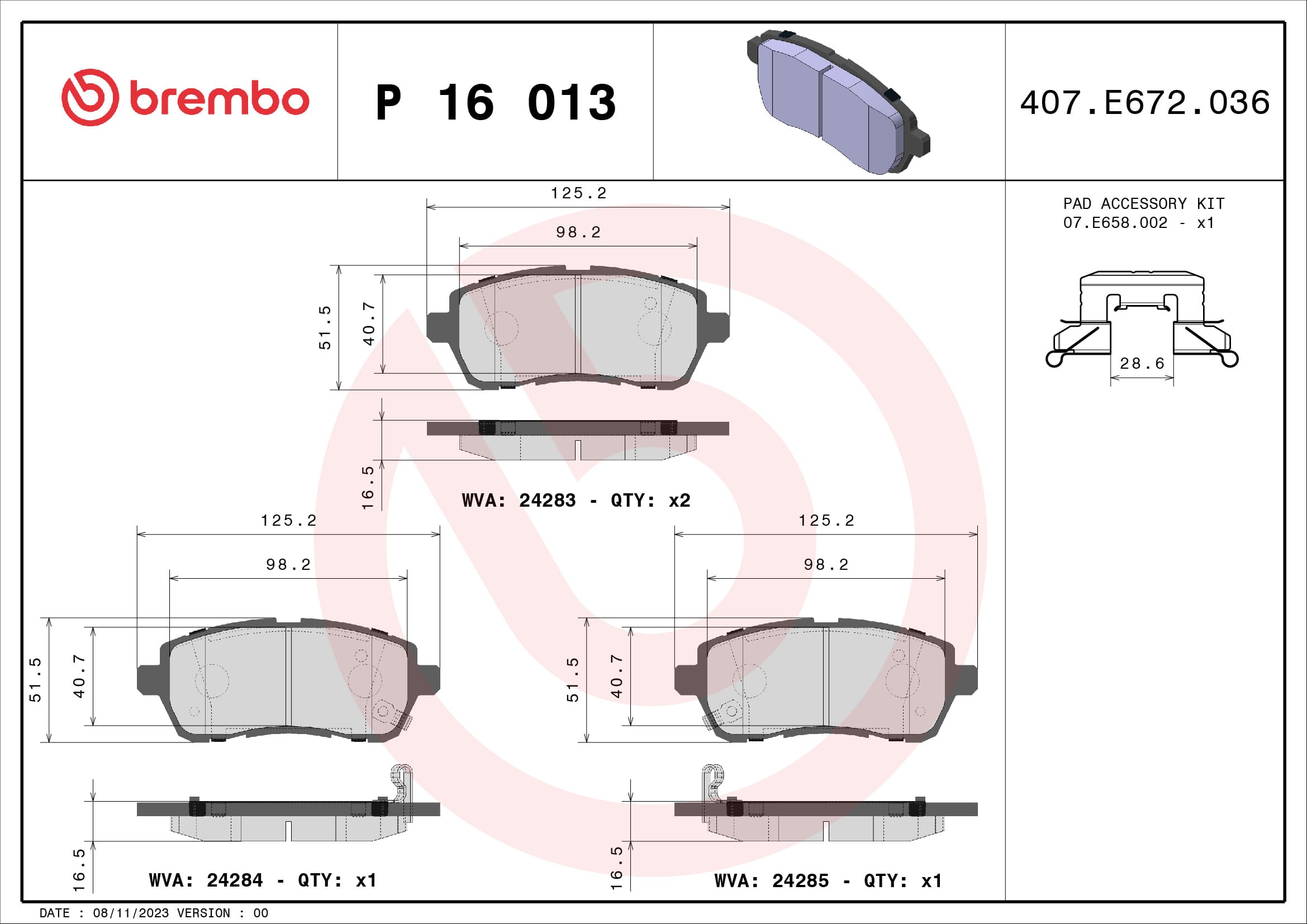 BREMBO Sada brzdových platničiek kotúčovej brzdy P16013 1