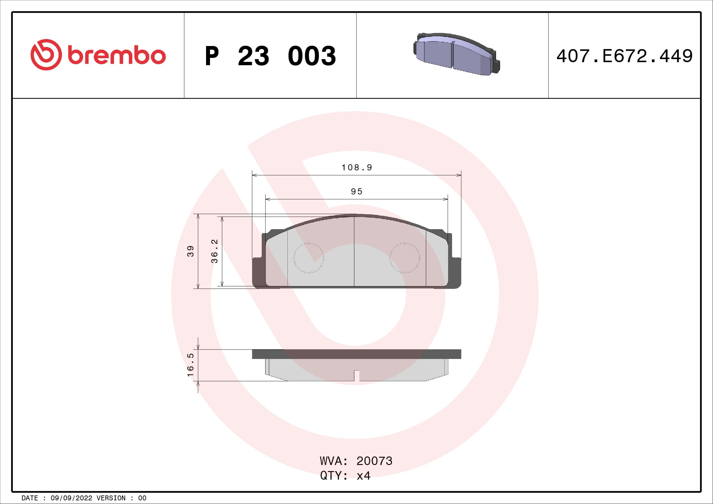 BREMBO Sada brzdových platničiek kotúčovej brzdy P23003 1
