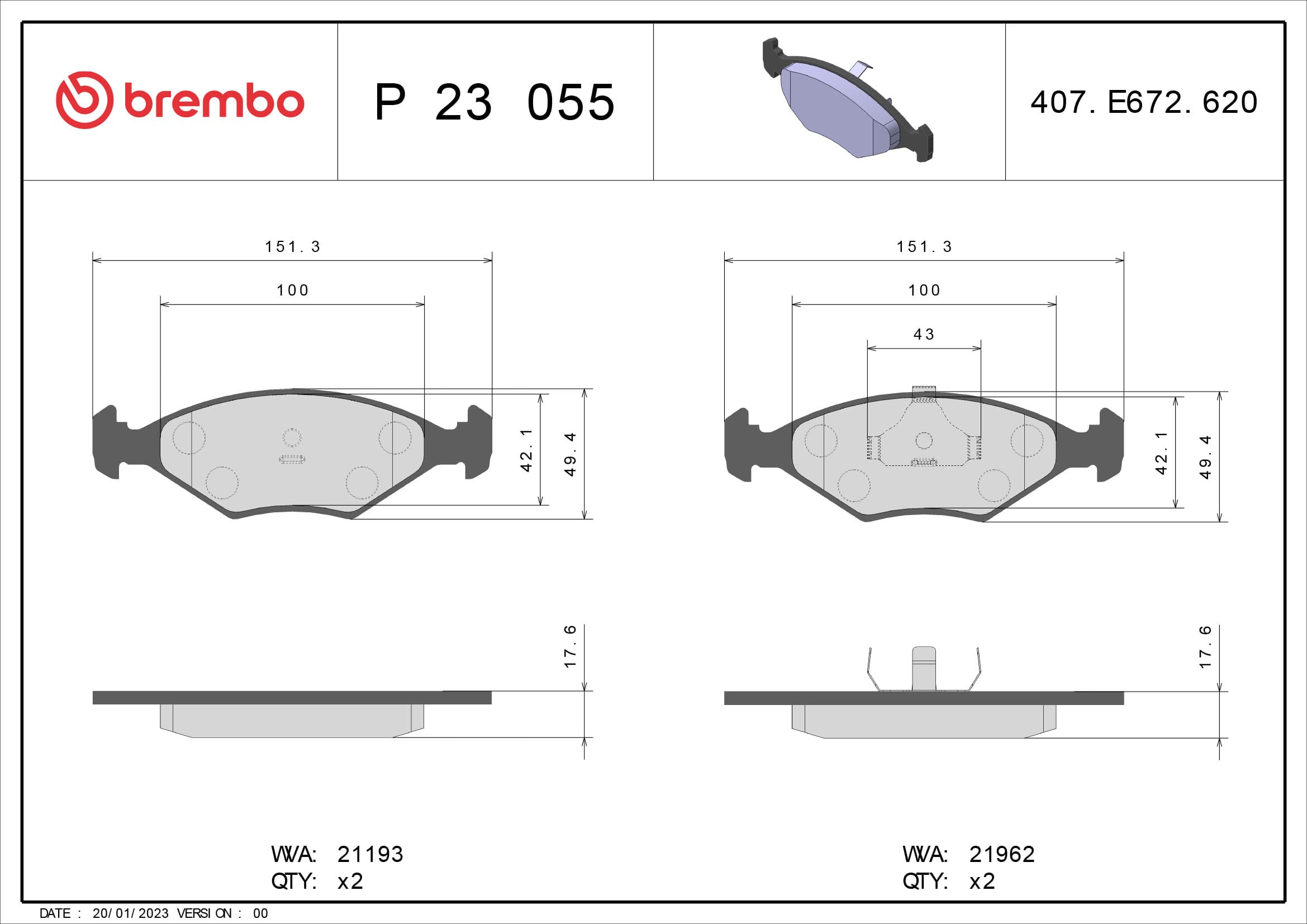 BREMBO Sada brzdových platničiek kotúčovej brzdy P23055 1