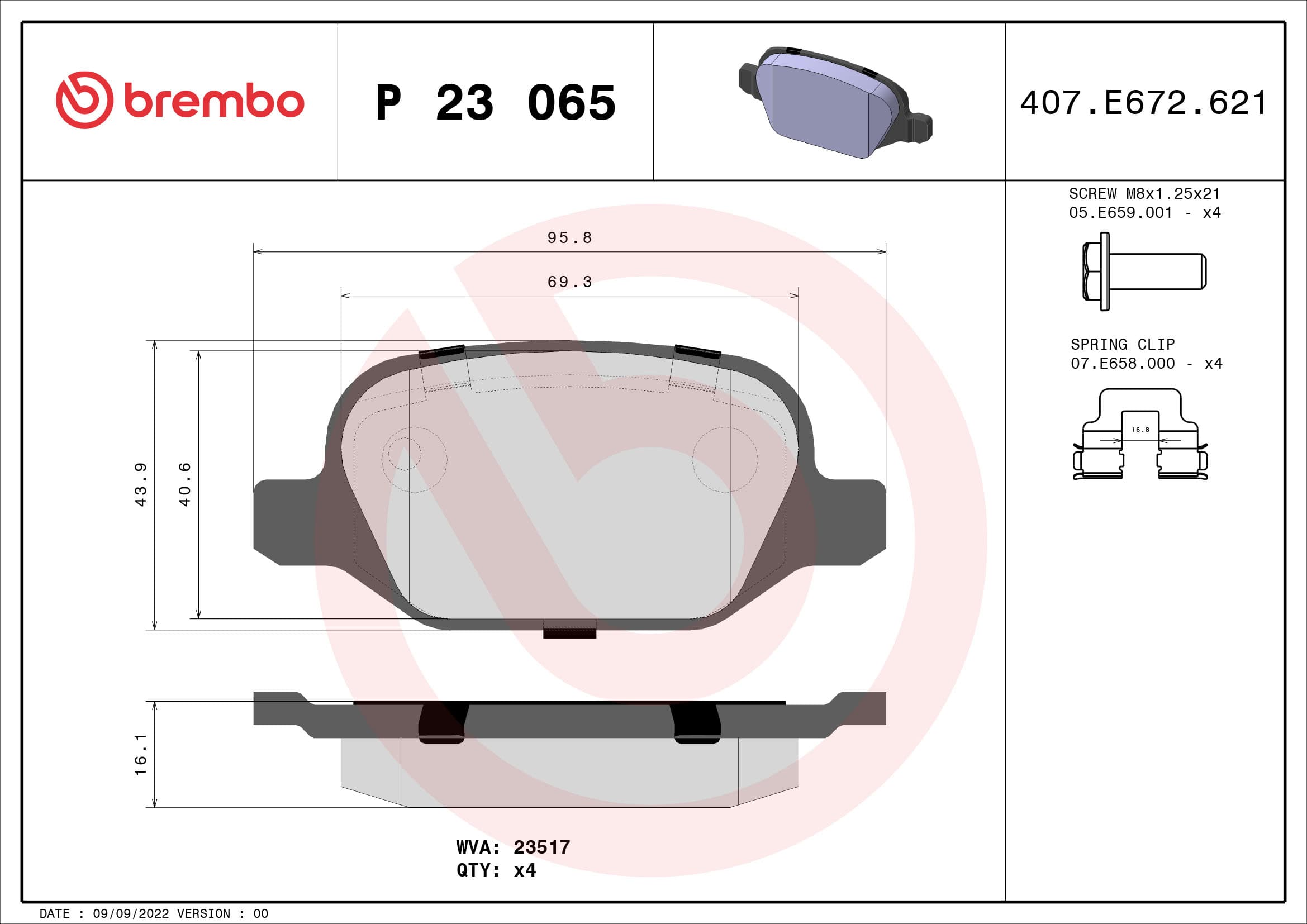 BREMBO Sada brzdových platničiek kotúčovej brzdy P23065 1