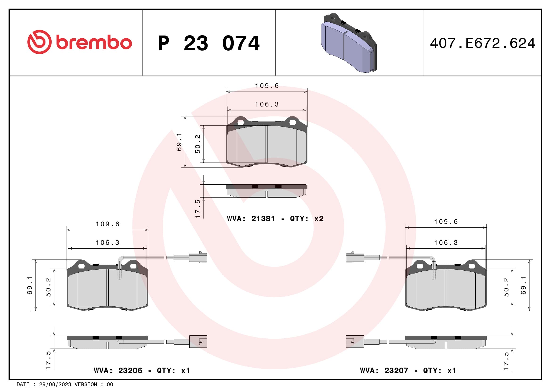 BREMBO Sada brzdových platničiek kotúčovej brzdy P23074 1