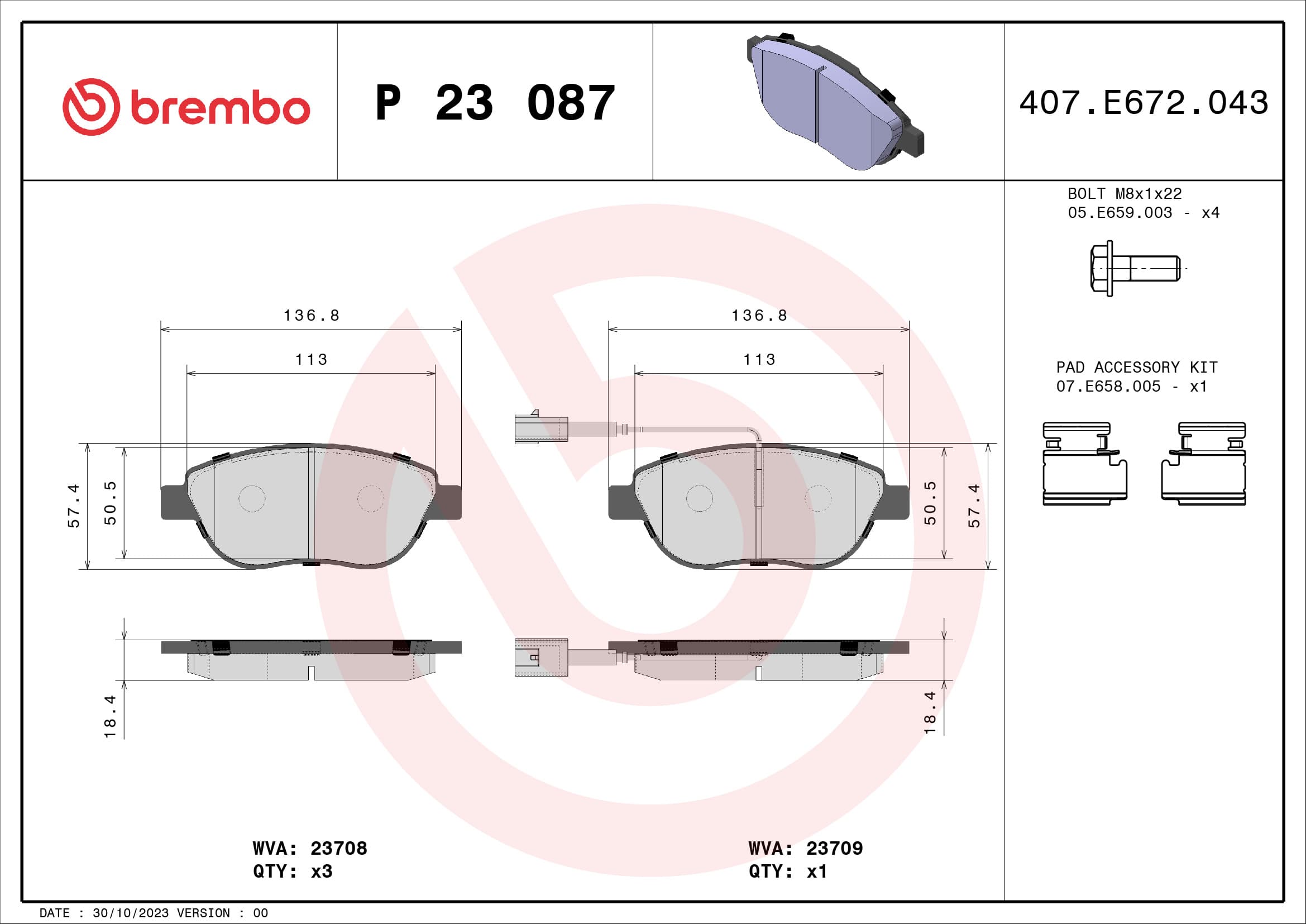 BREMBO Sada brzdových platničiek kotúčovej brzdy P23087 1