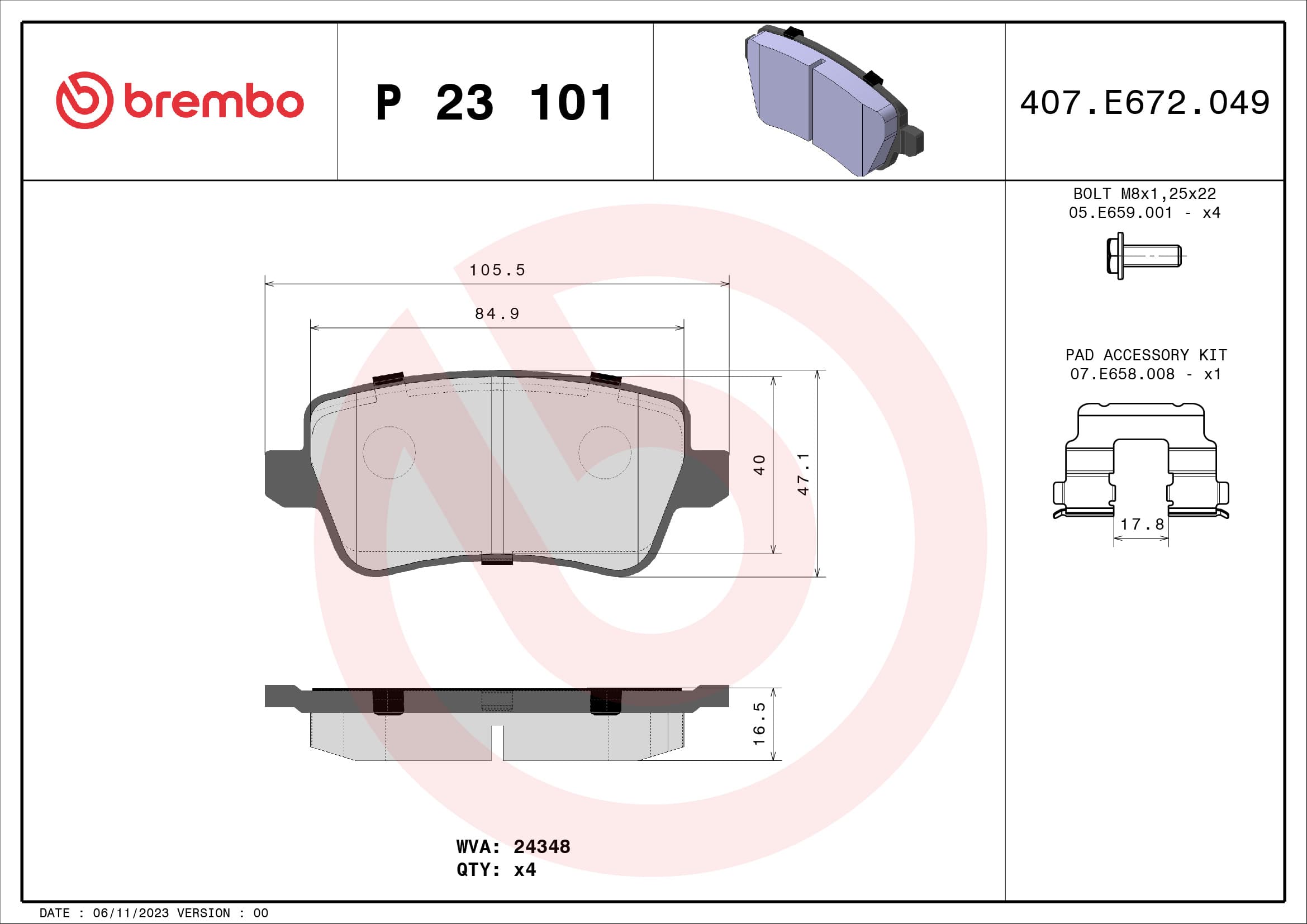 BREMBO Sada brzdových platničiek kotúčovej brzdy P23101 1