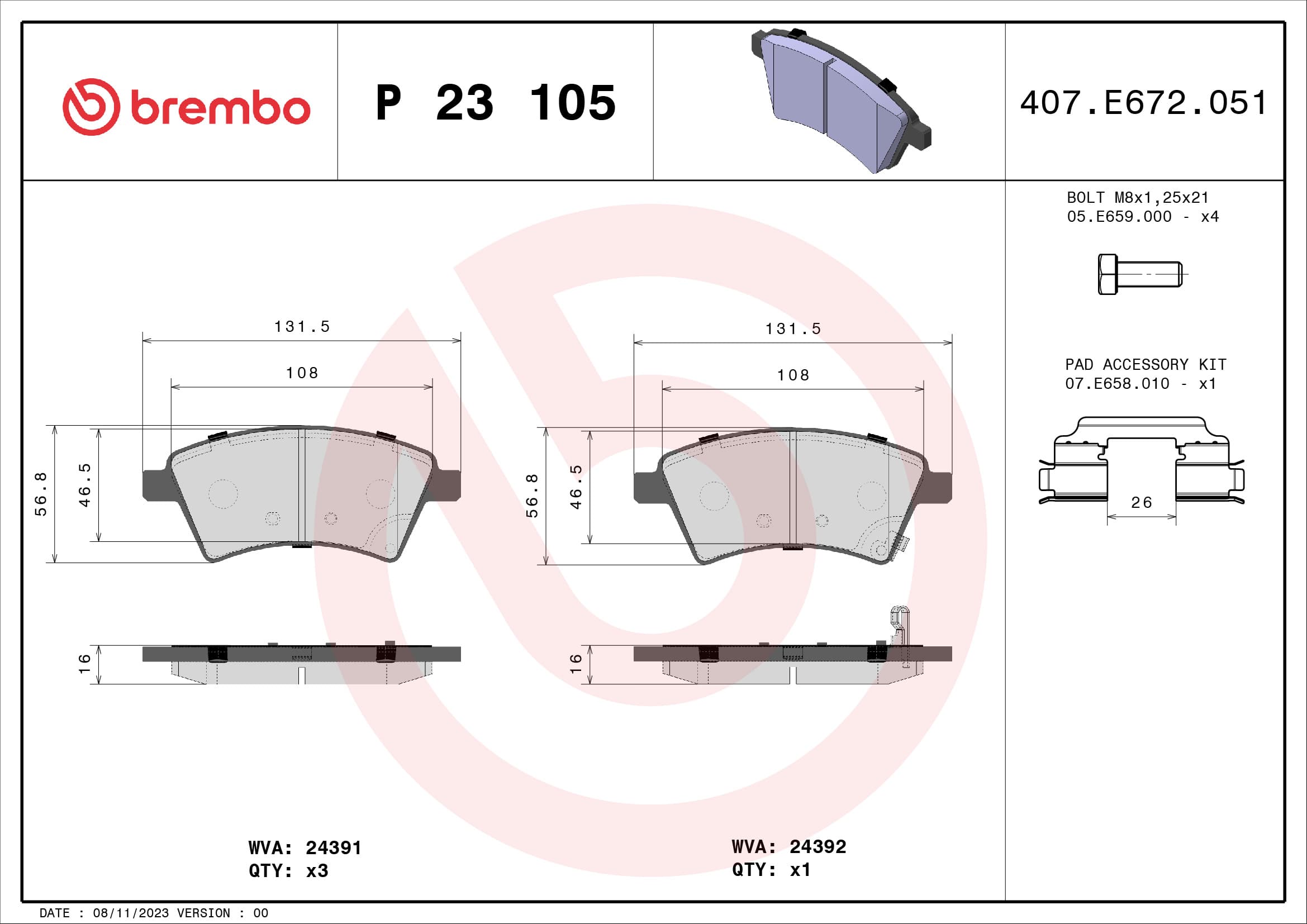 BREMBO Sada brzdových platničiek kotúčovej brzdy P23105 1