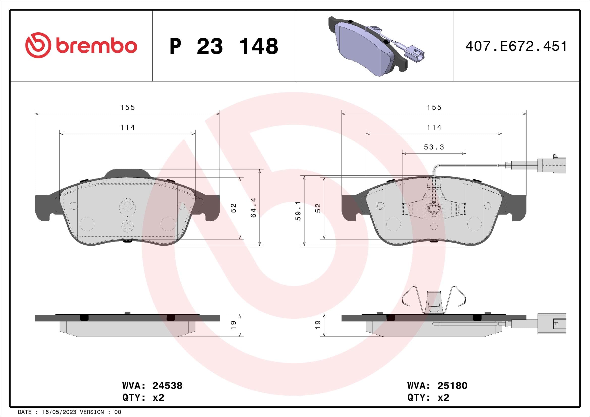 BREMBO Sada brzdových platničiek kotúčovej brzdy P23148 1