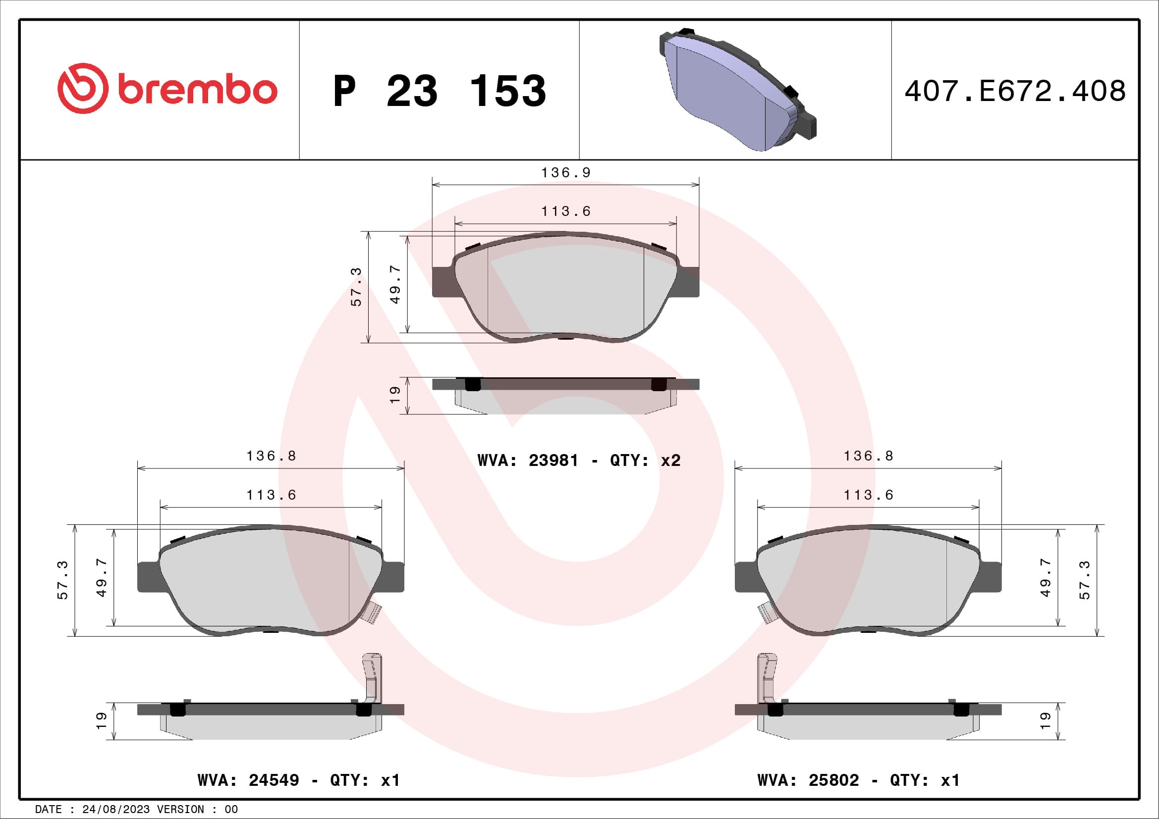 BREMBO Sada brzdových platničiek kotúčovej brzdy P23153 1