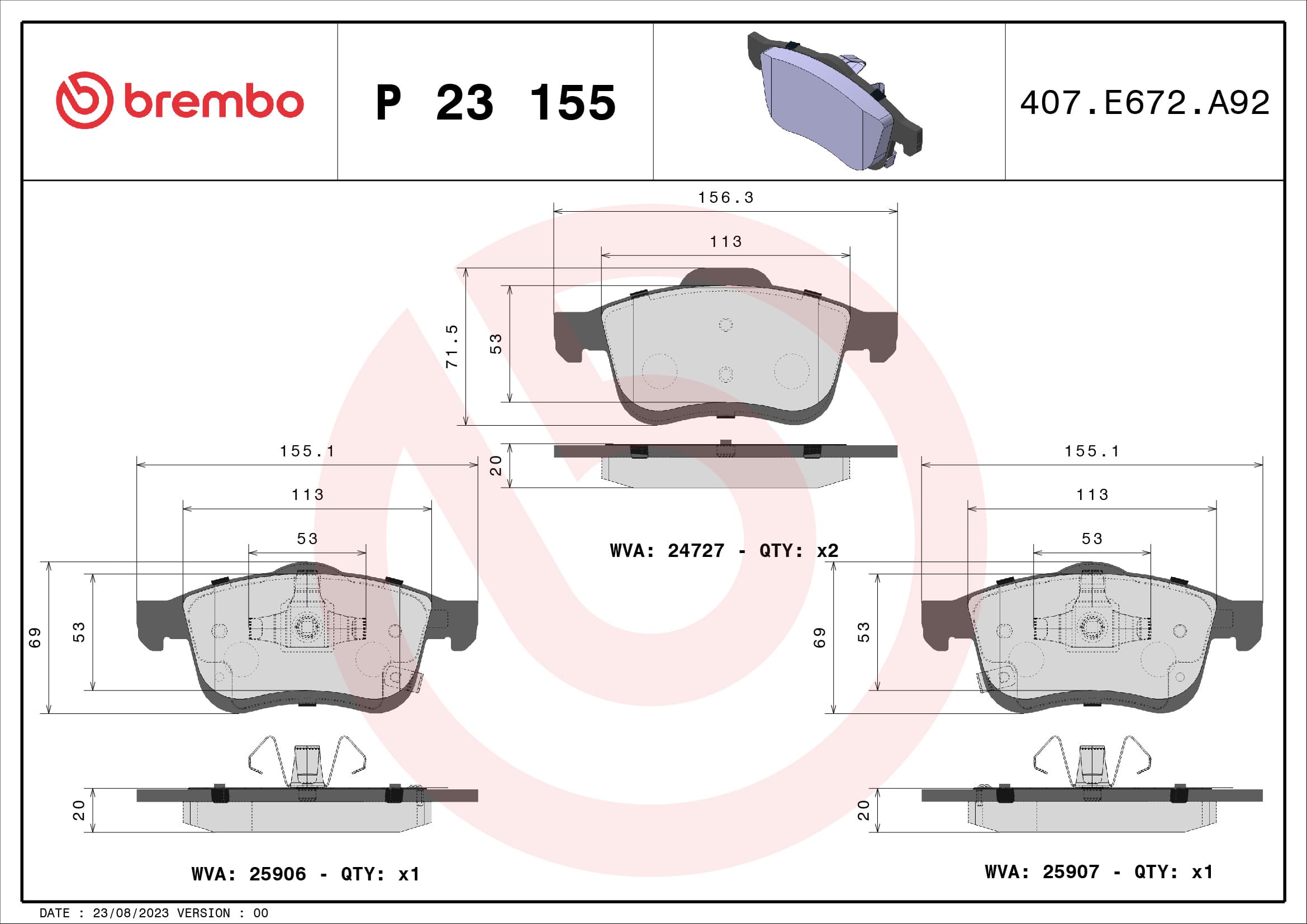 BREMBO Sada brzdových platničiek kotúčovej brzdy P23155 1