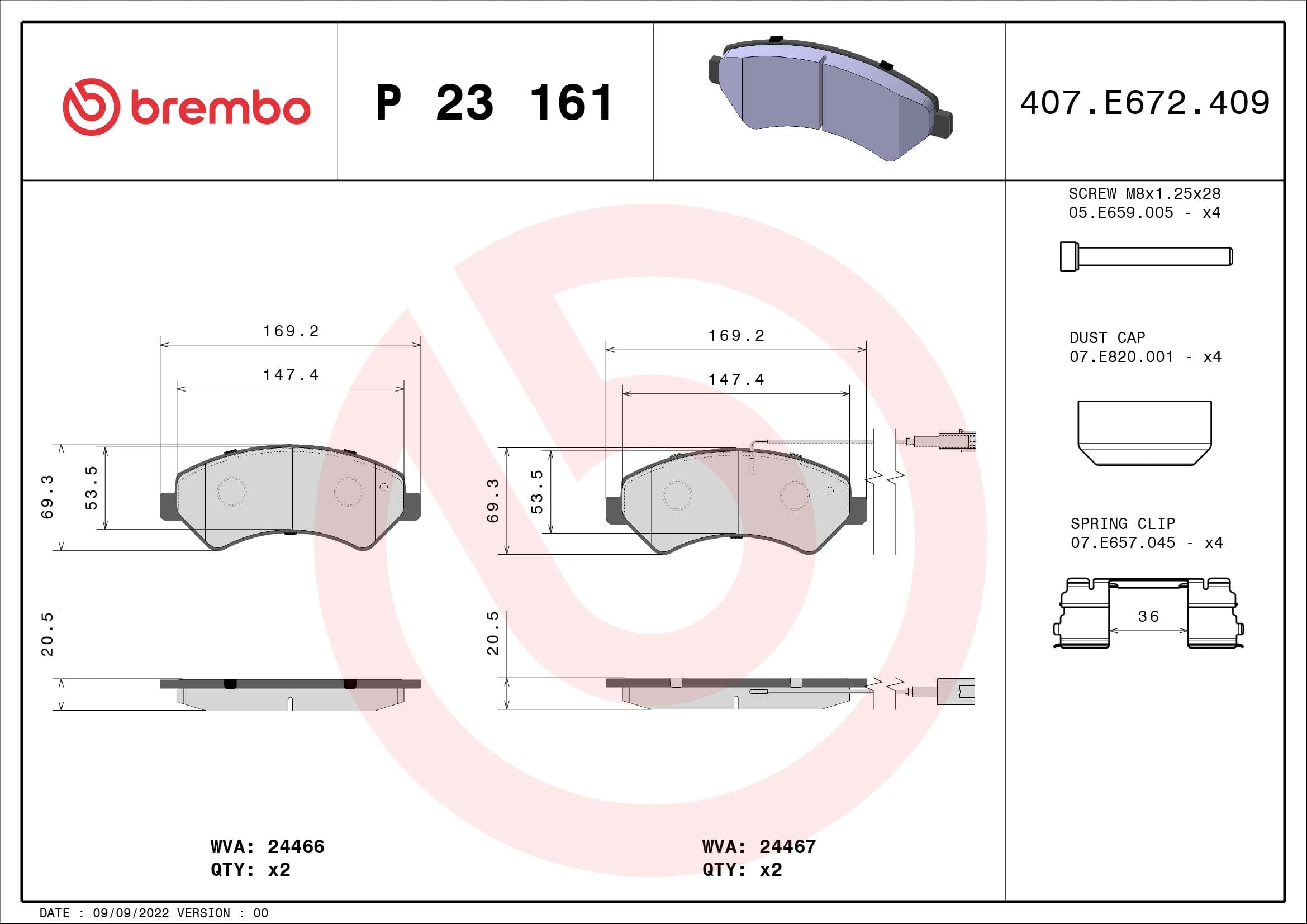 BREMBO Sada brzdových platničiek kotúčovej brzdy P23161 1
