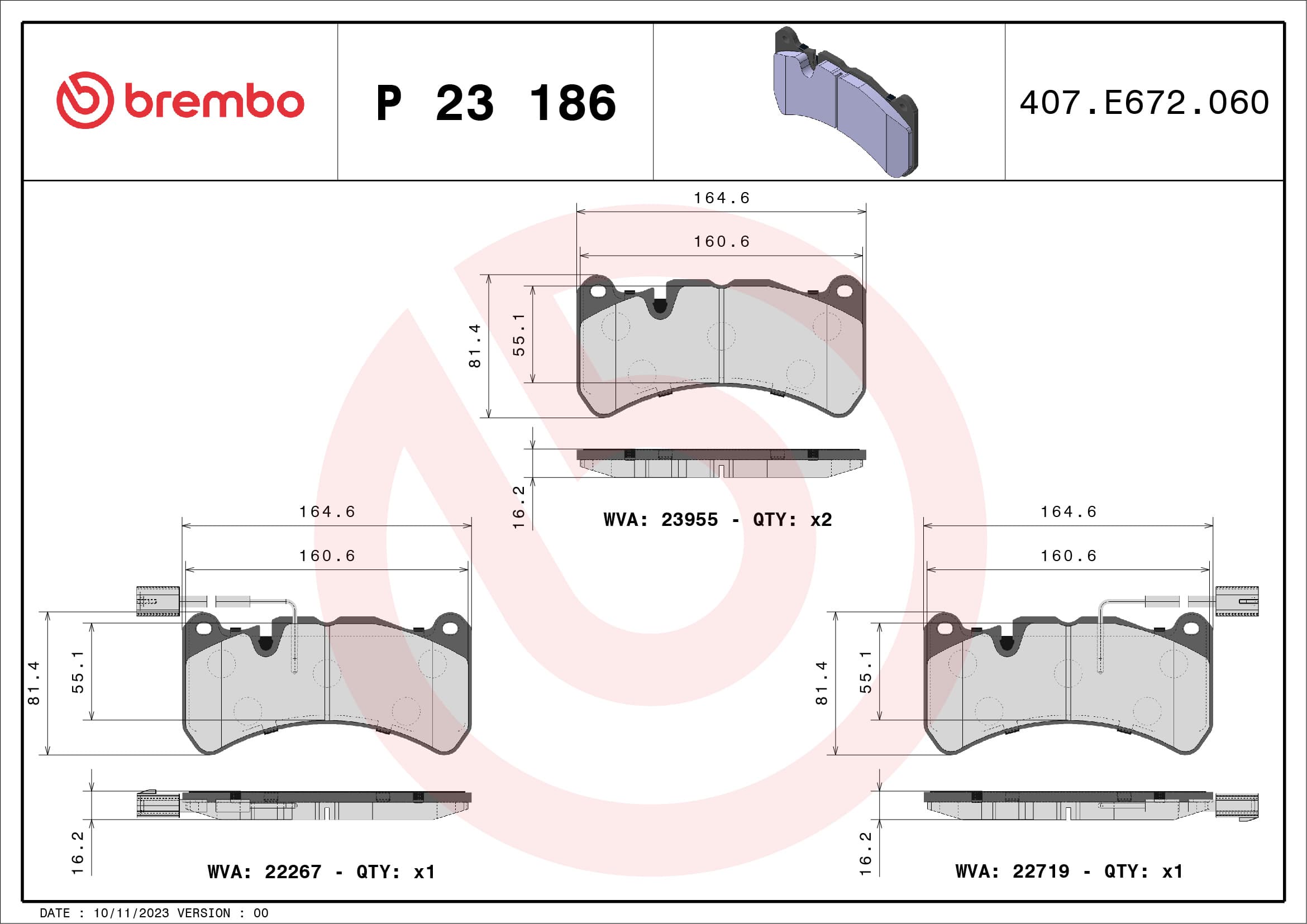 BREMBO Sada brzdových platničiek kotúčovej brzdy P23186 1