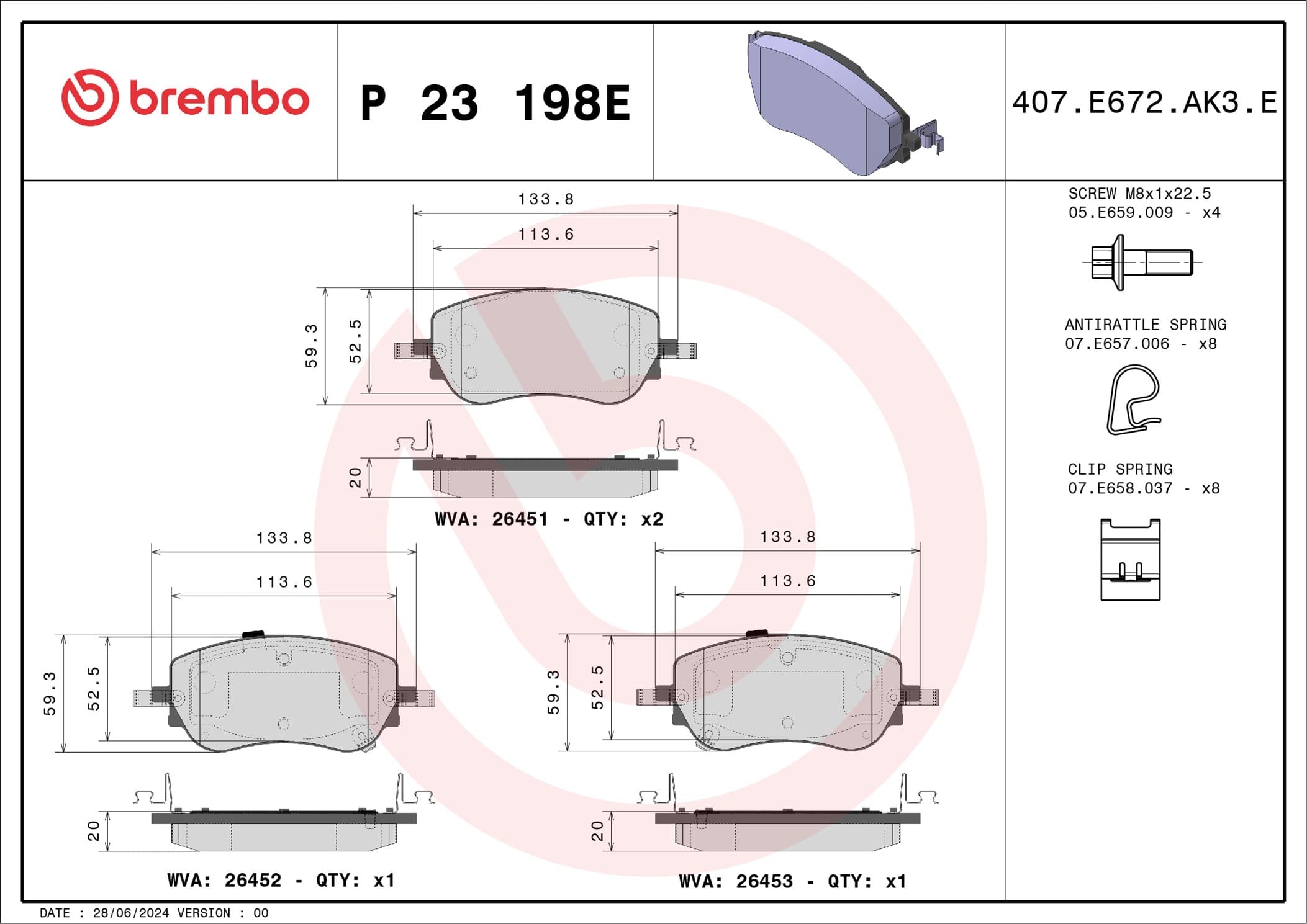 BREMBO Sada brzdových platničiek kotúčovej brzdy P 23 198E 1