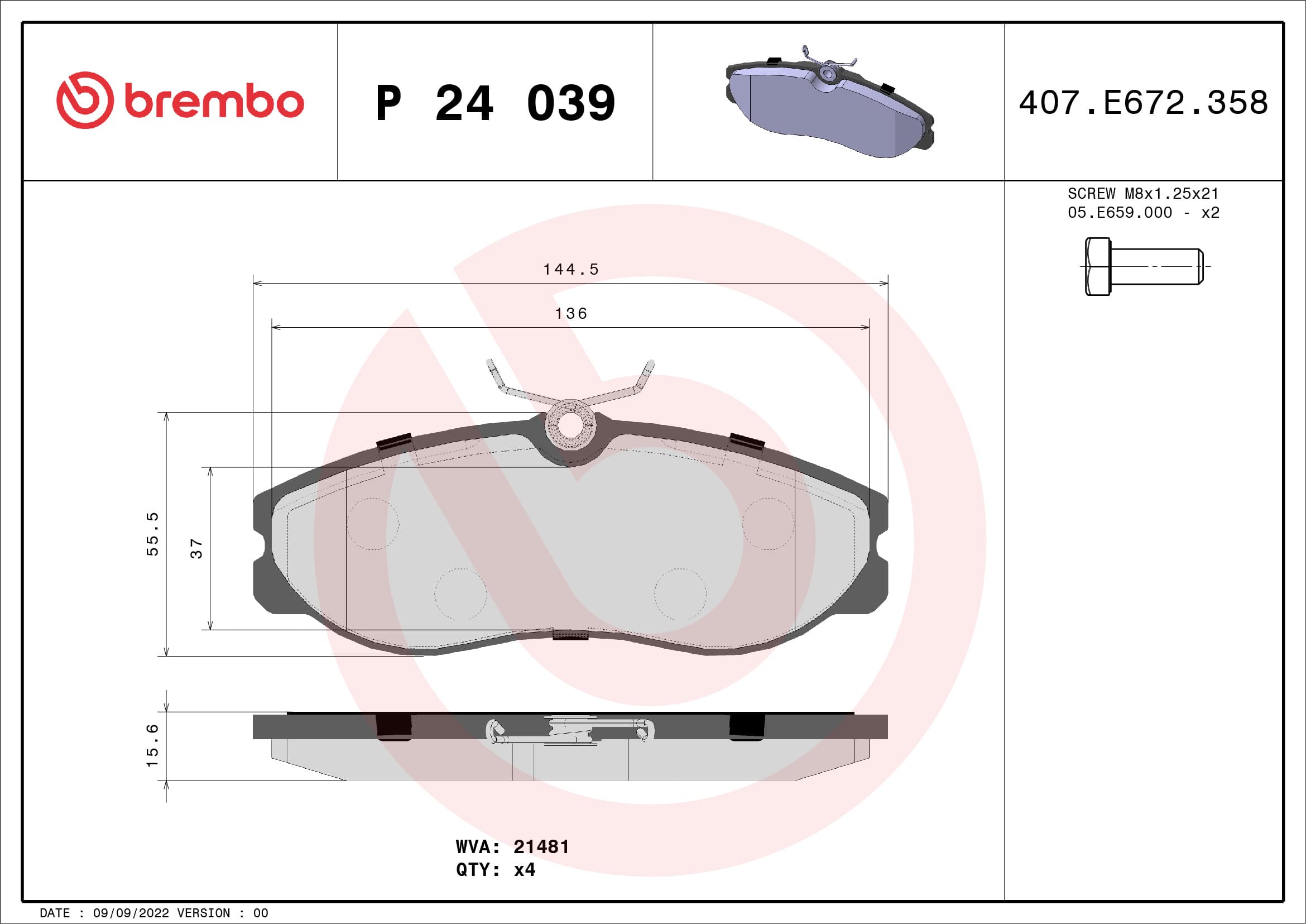 BREMBO Sada brzdových platničiek kotúčovej brzdy P24039 1