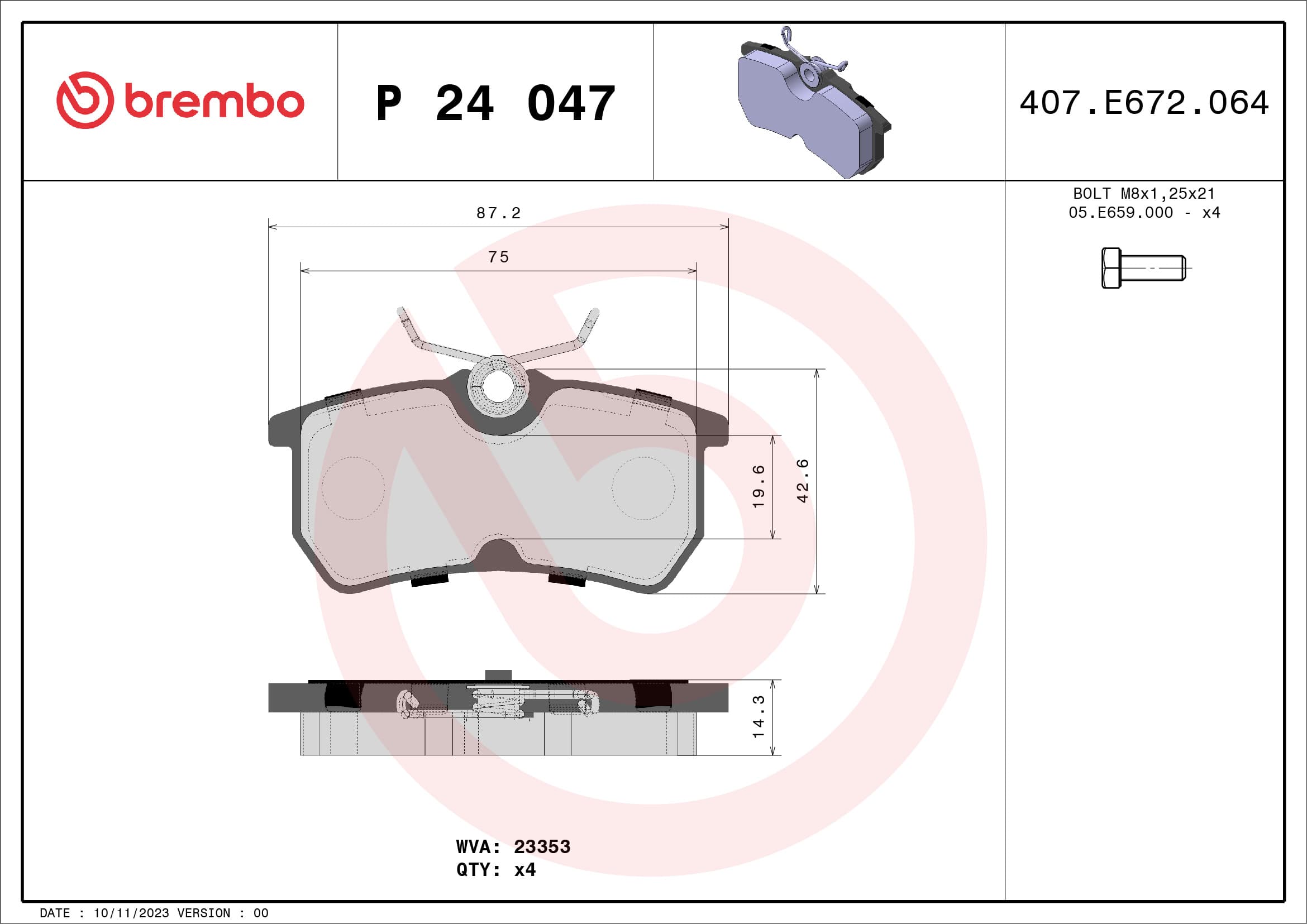 BREMBO Sada brzdových platničiek kotúčovej brzdy P24047 1