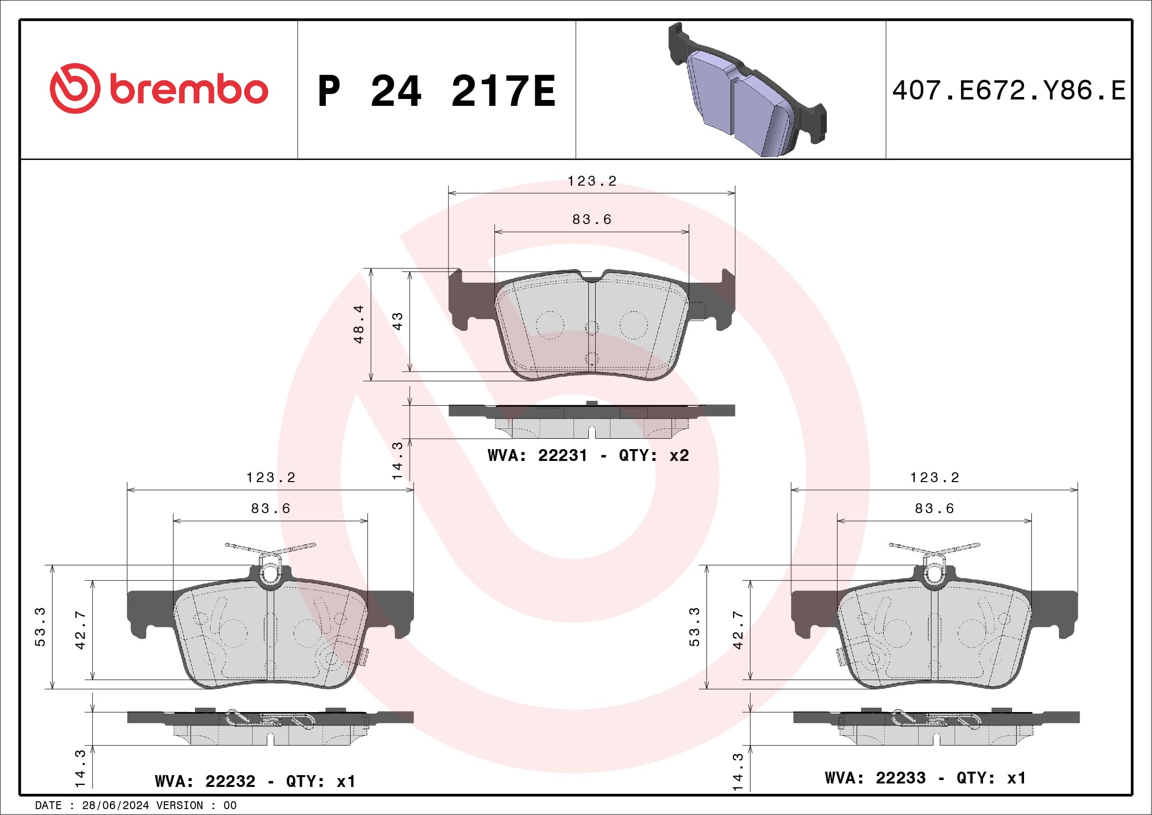 BREMBO Sada brzdových platničiek kotúčovej brzdy P 24 217E 1