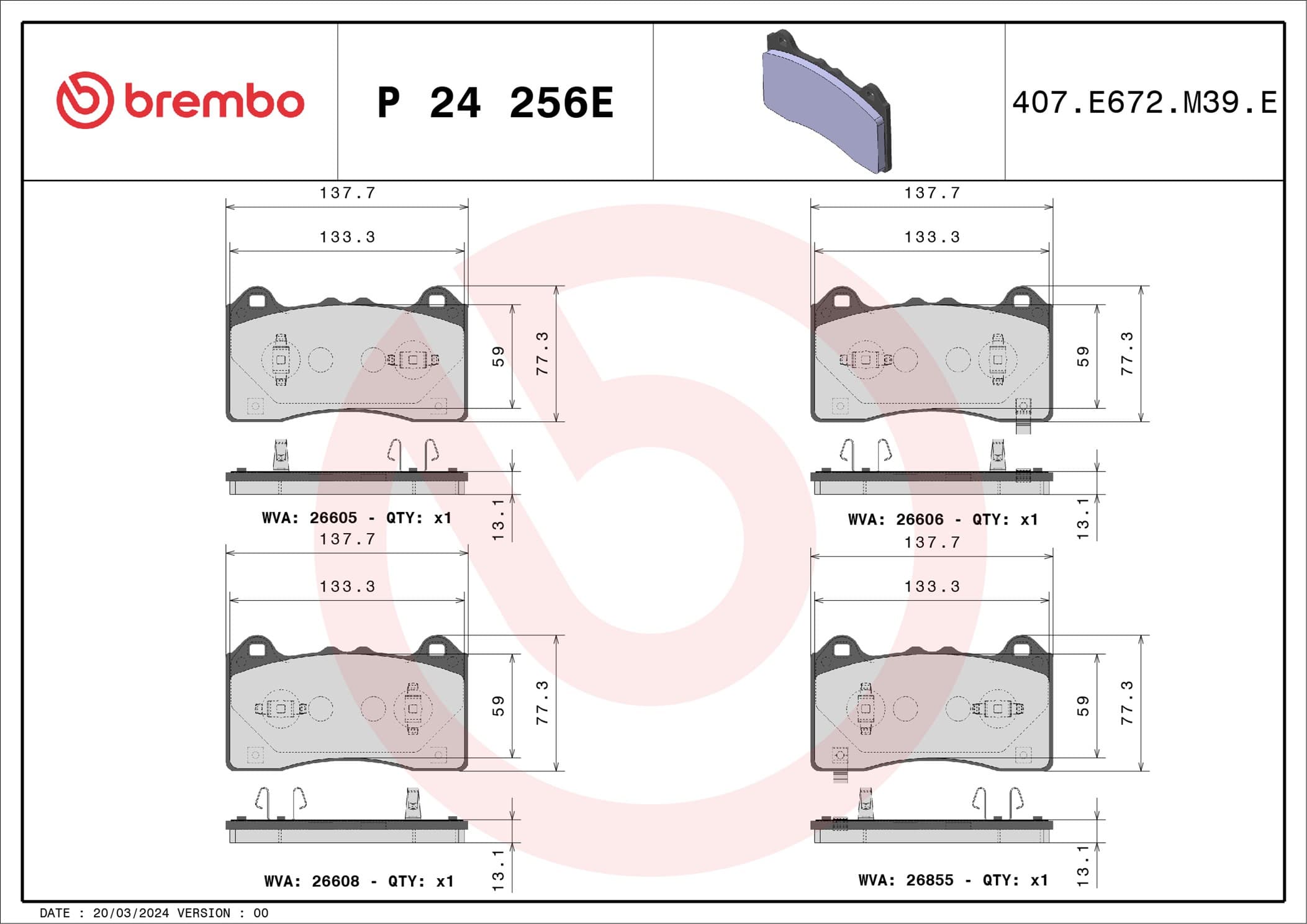 BREMBO Sada brzdových platničiek kotúčovej brzdy P24256E 1