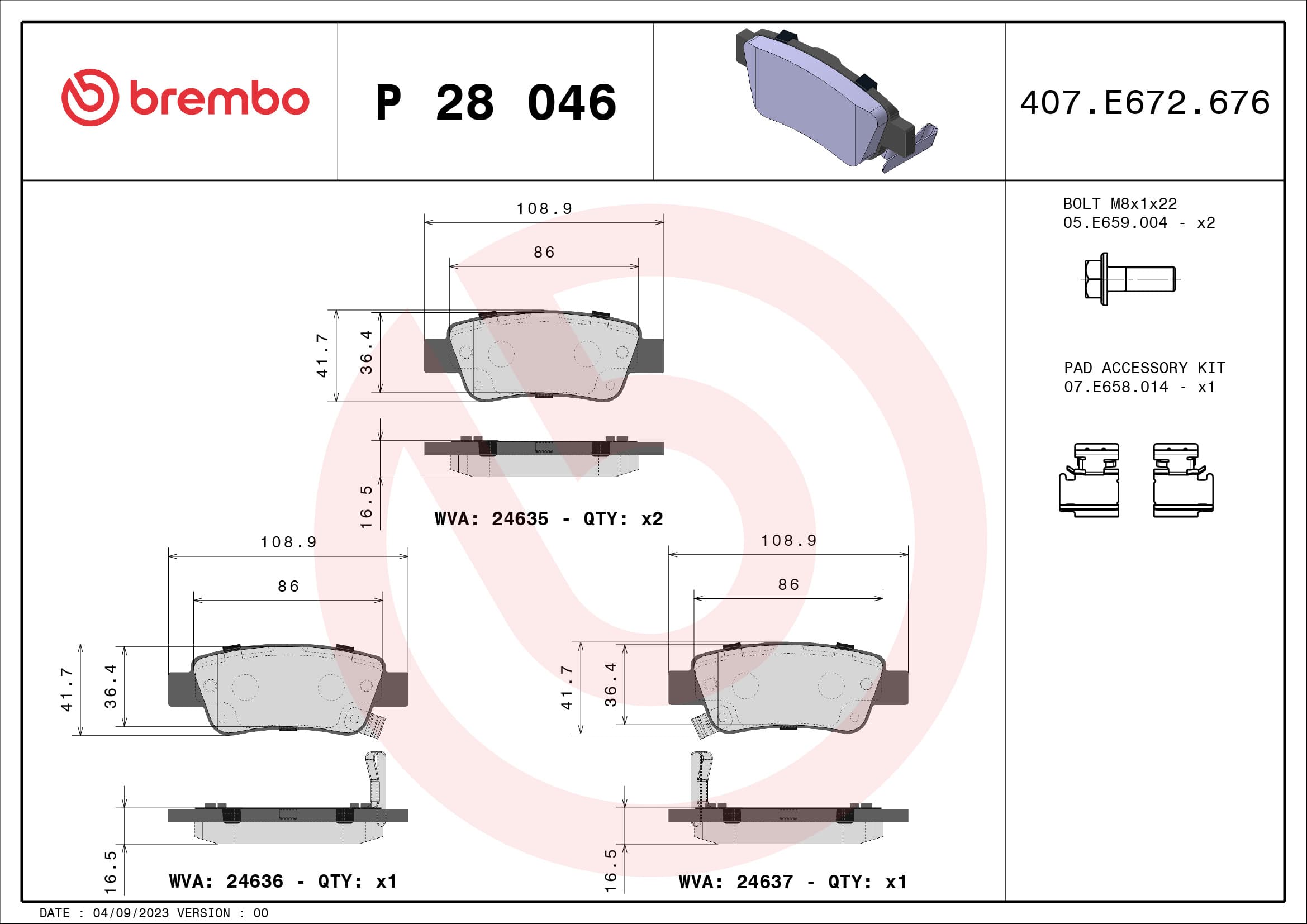 BREMBO Sada brzdových platničiek kotúčovej brzdy P28046 1