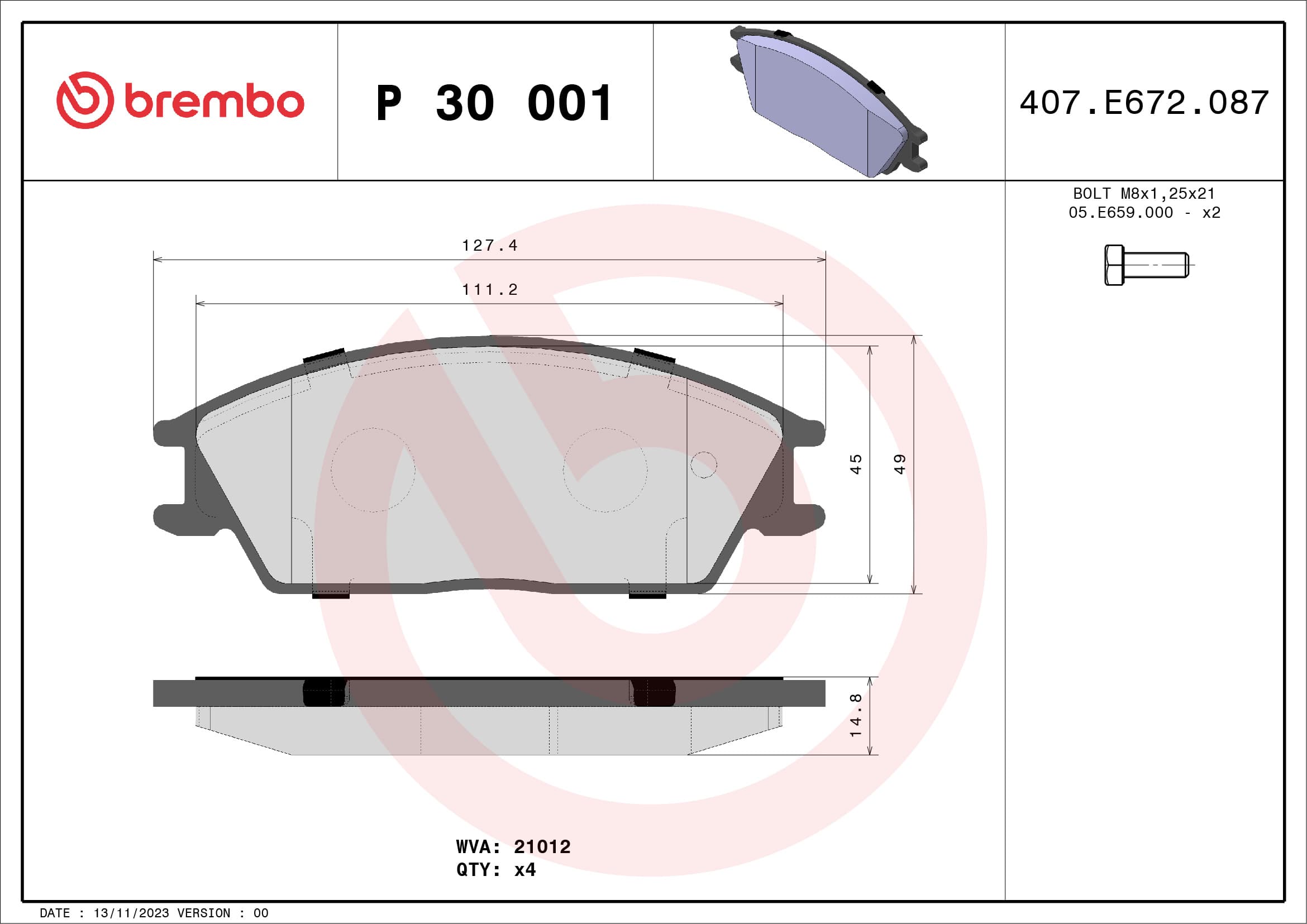 BREMBO Sada brzdových platničiek kotúčovej brzdy P30001 1