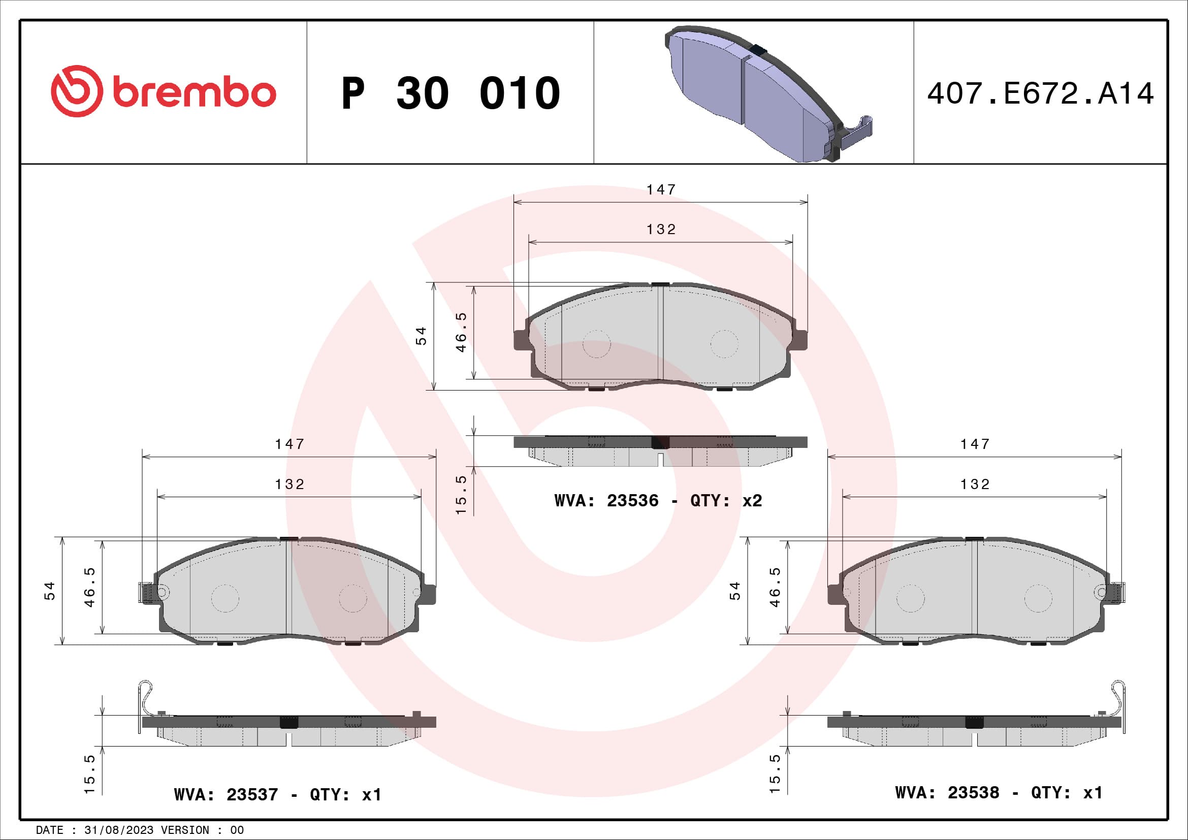 BREMBO Sada brzdových platničiek kotúčovej brzdy P30010 1