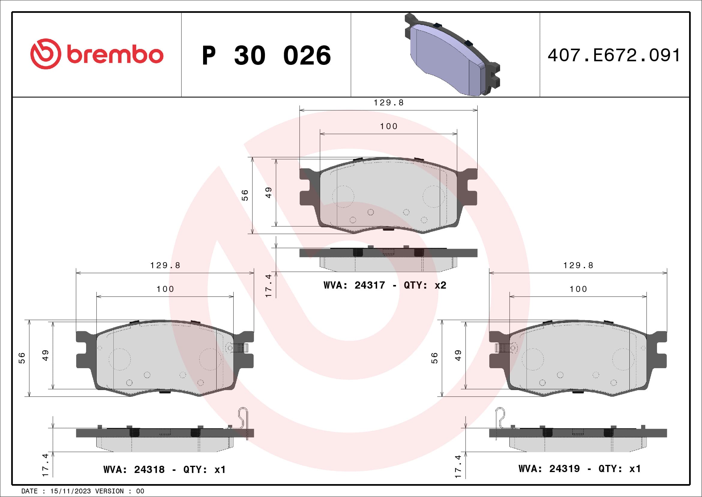 BREMBO Sada brzdových platničiek kotúčovej brzdy P30026 1