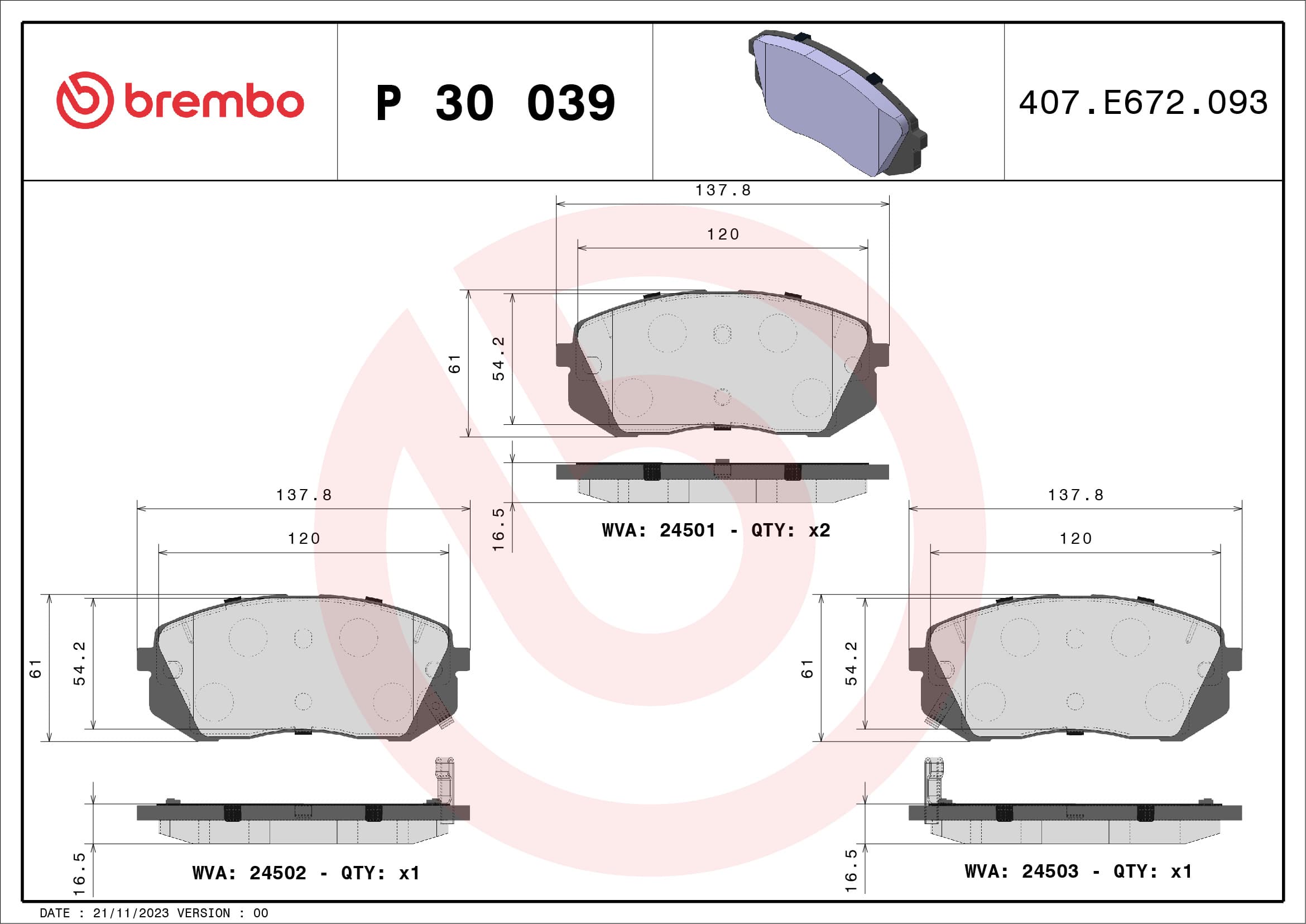 BREMBO Sada brzdových platničiek kotúčovej brzdy P30039 1