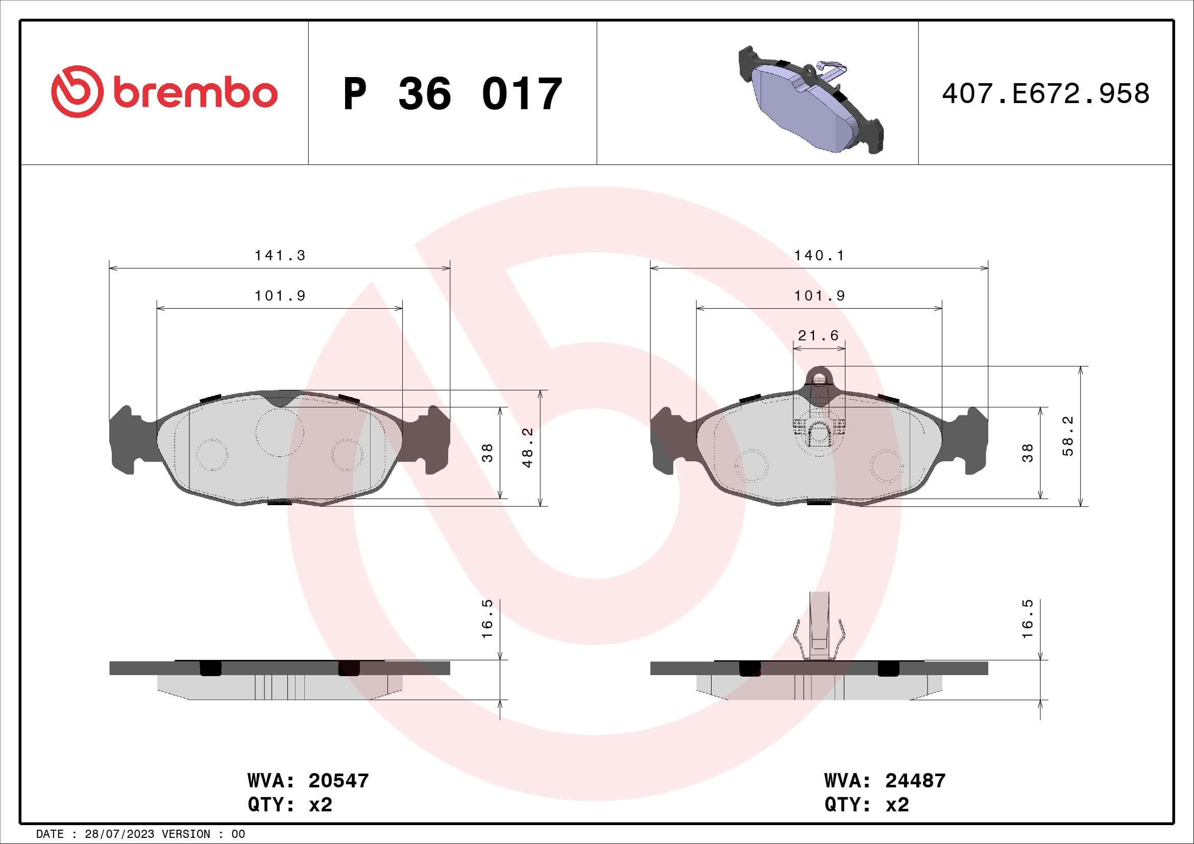 BREMBO Sada brzdových platničiek kotúčovej brzdy P36017 1