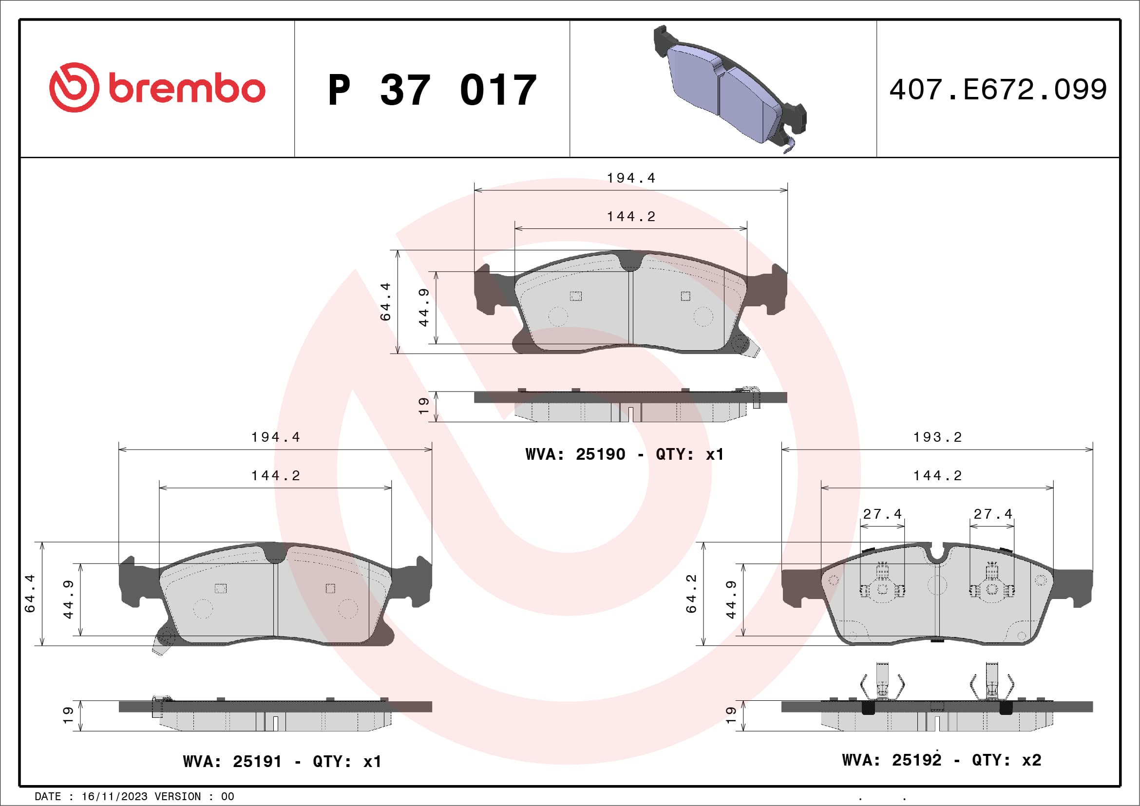 BREMBO Sada brzdových platničiek kotúčovej brzdy P37017 1