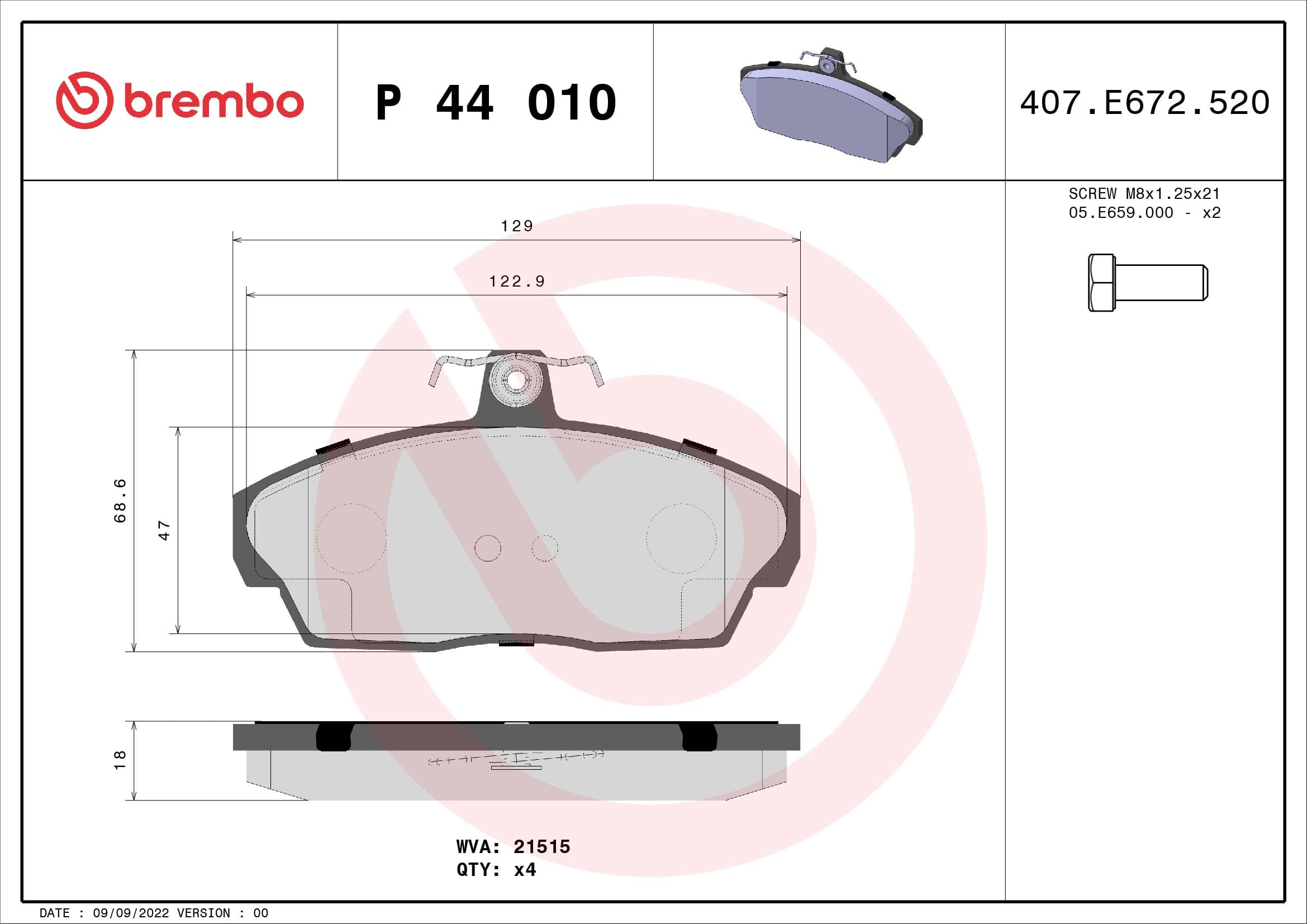 BREMBO Sada brzdových platničiek kotúčovej brzdy P44010 1