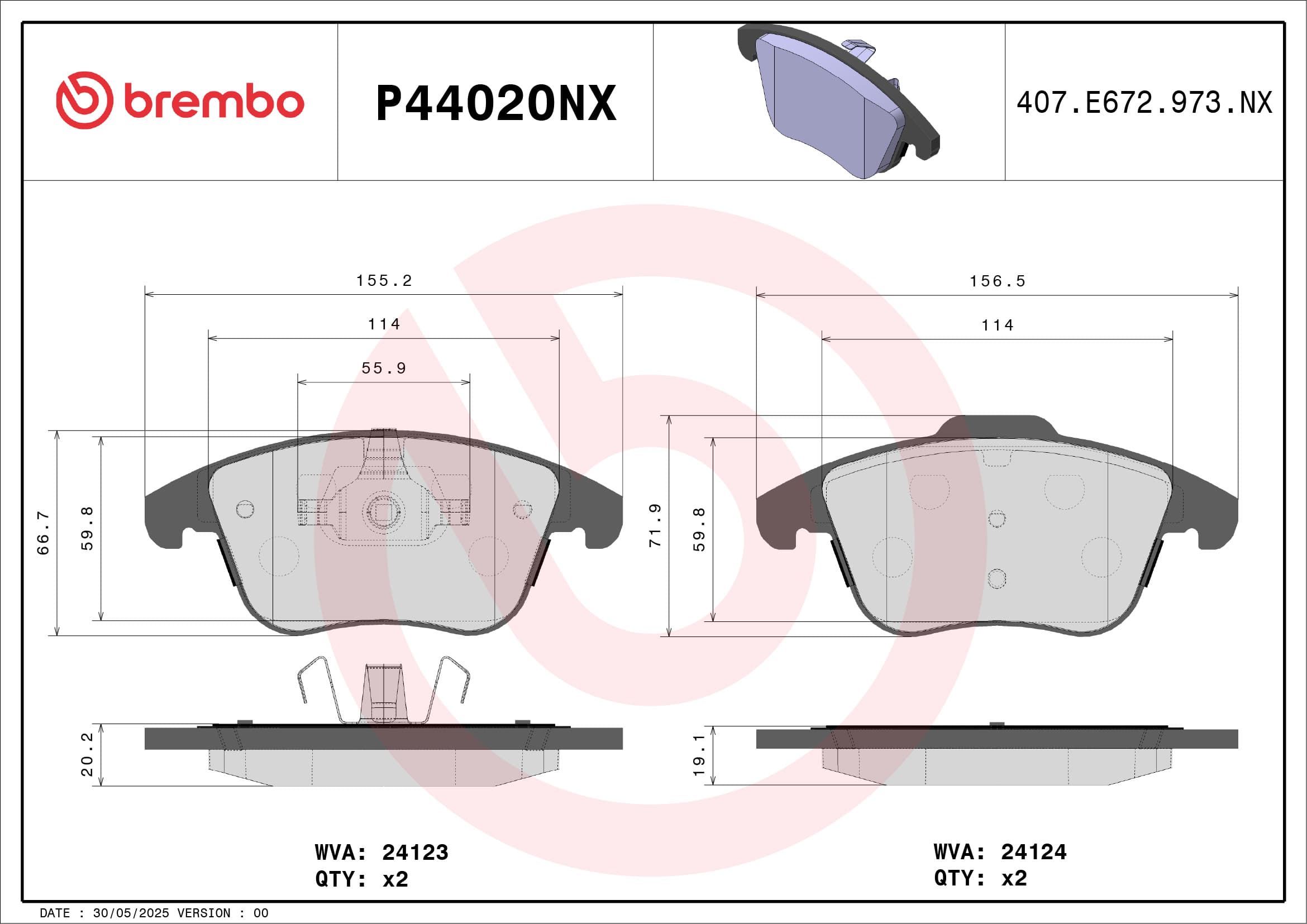 BREMBO Sada brzdových platničiek kotúčovej brzdy P44020NX 1