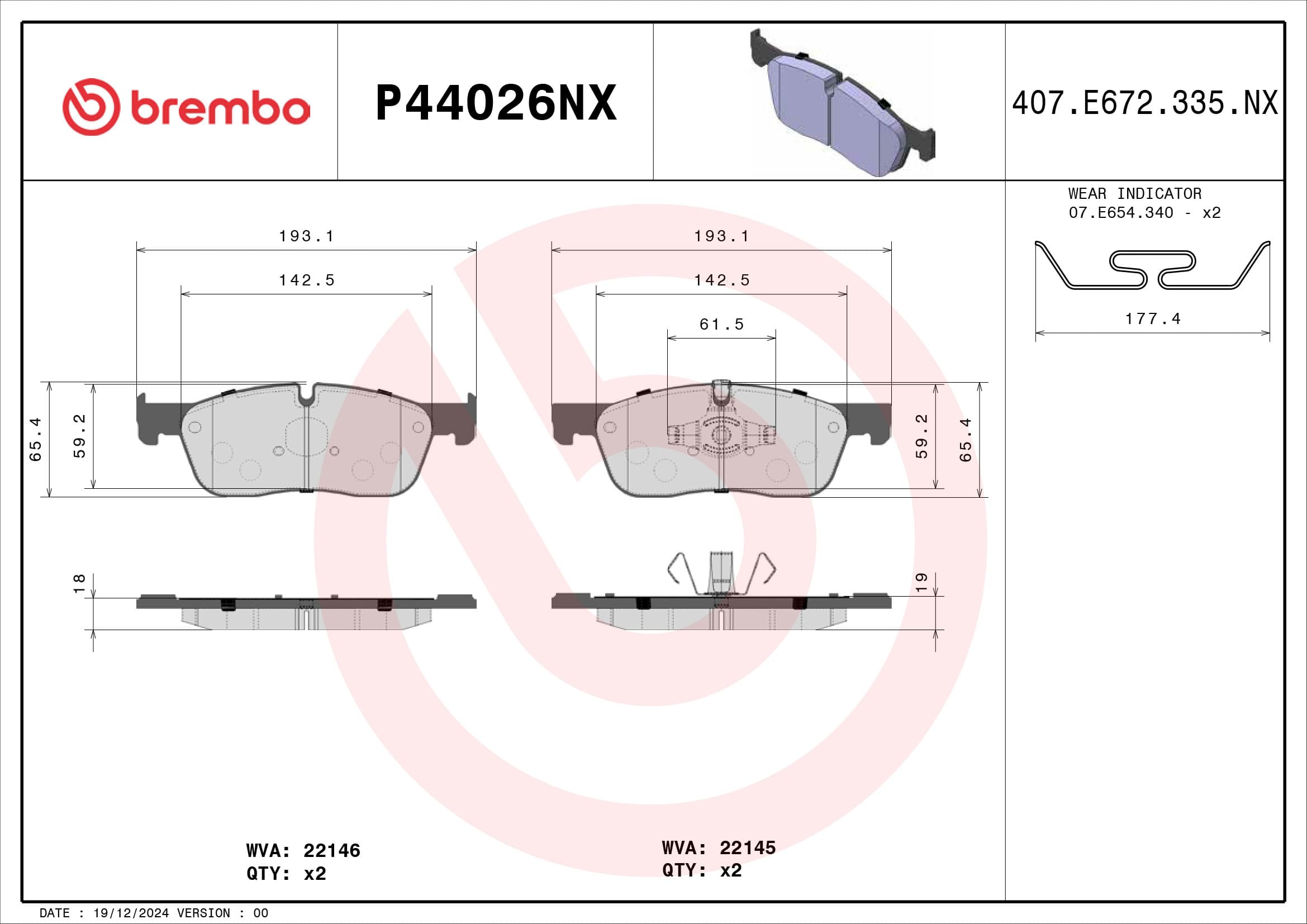 BREMBO Sada brzdových platničiek kotúčovej brzdy P44026NX 1