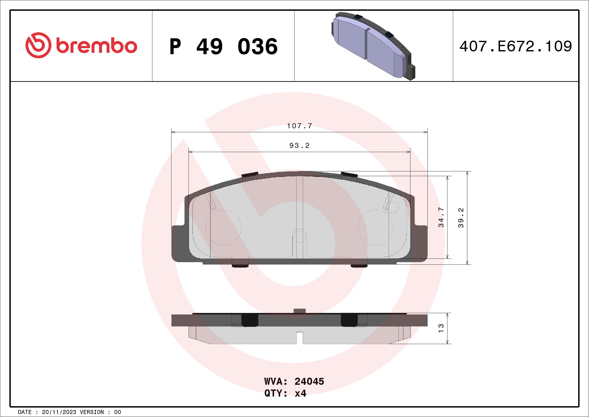BREMBO Sada brzdových platničiek kotúčovej brzdy P49036 1