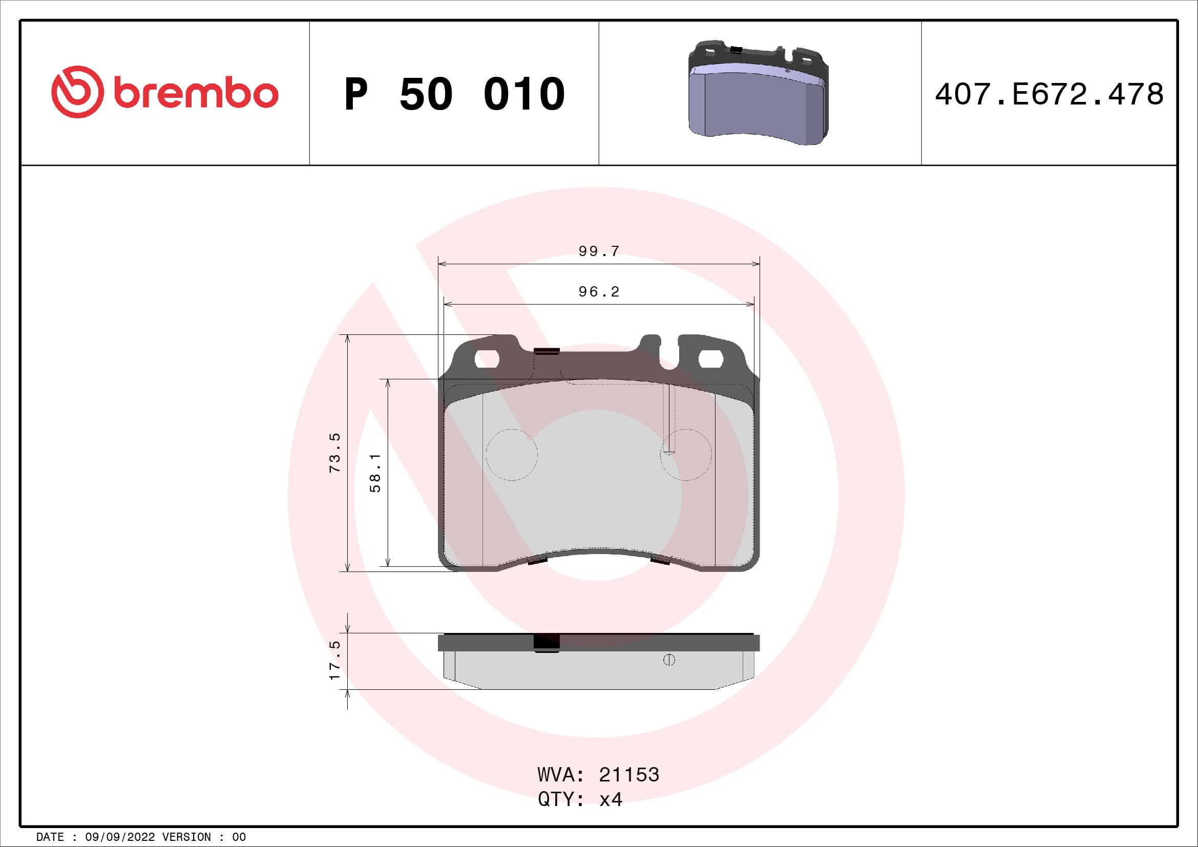 BREMBO Sada brzdových platničiek kotúčovej brzdy P50010 1
