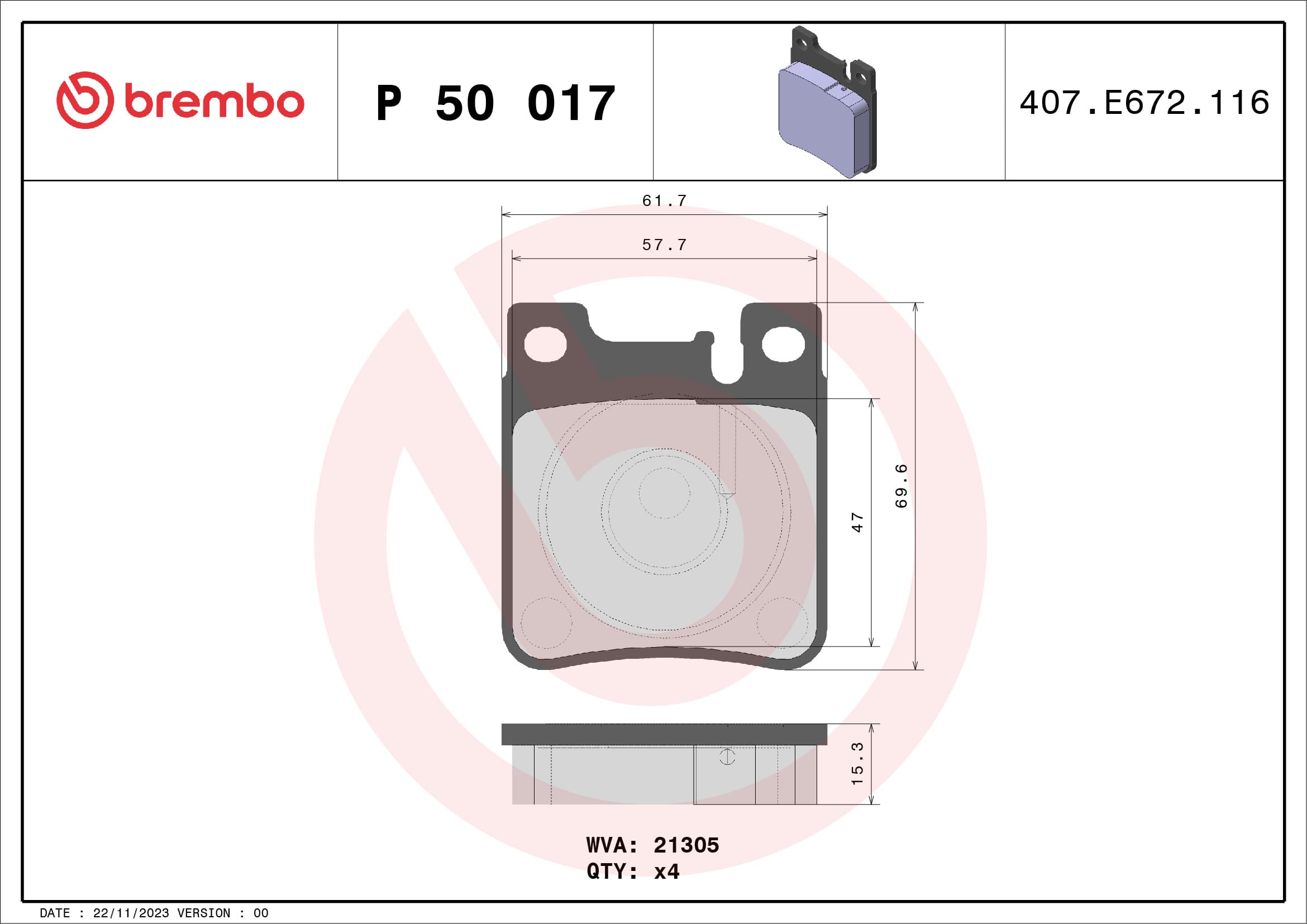 BREMBO Sada brzdových platničiek kotúčovej brzdy P50017 1
