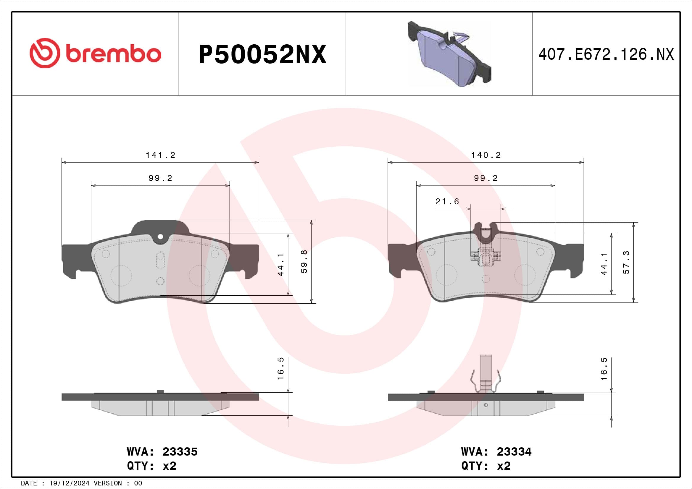 BREMBO Sada brzdových platničiek kotúčovej brzdy P50052NX 1