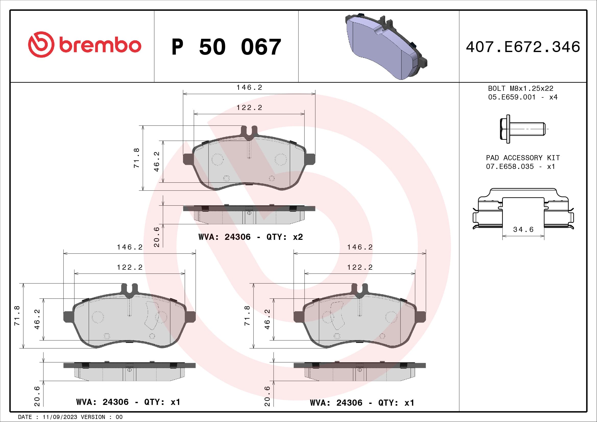 BREMBO Sada brzdových platničiek kotúčovej brzdy P50067 1