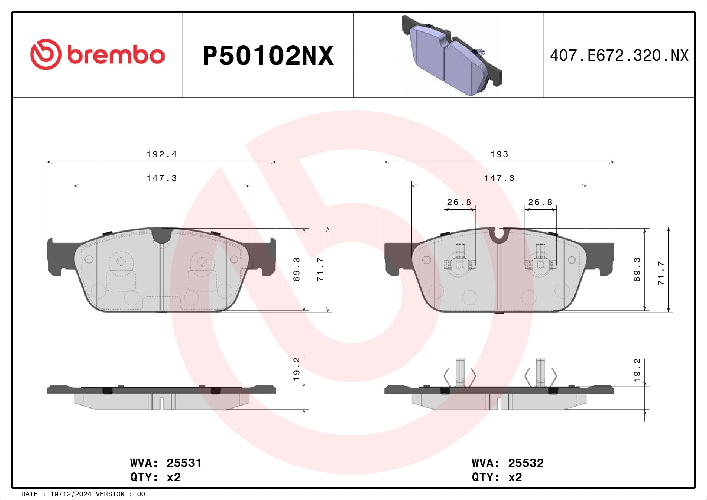 BREMBO Sada brzdových platničiek kotúčovej brzdy P50102NX 1