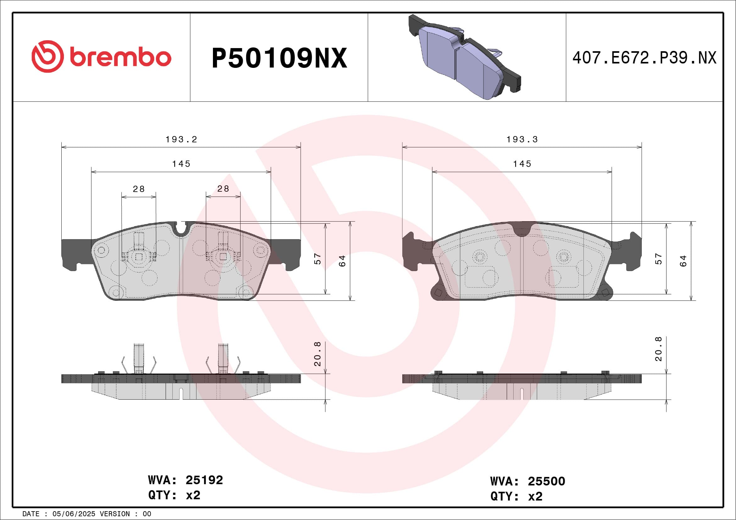 BREMBO Sada brzdových platničiek kotúčovej brzdy P50109NX 1