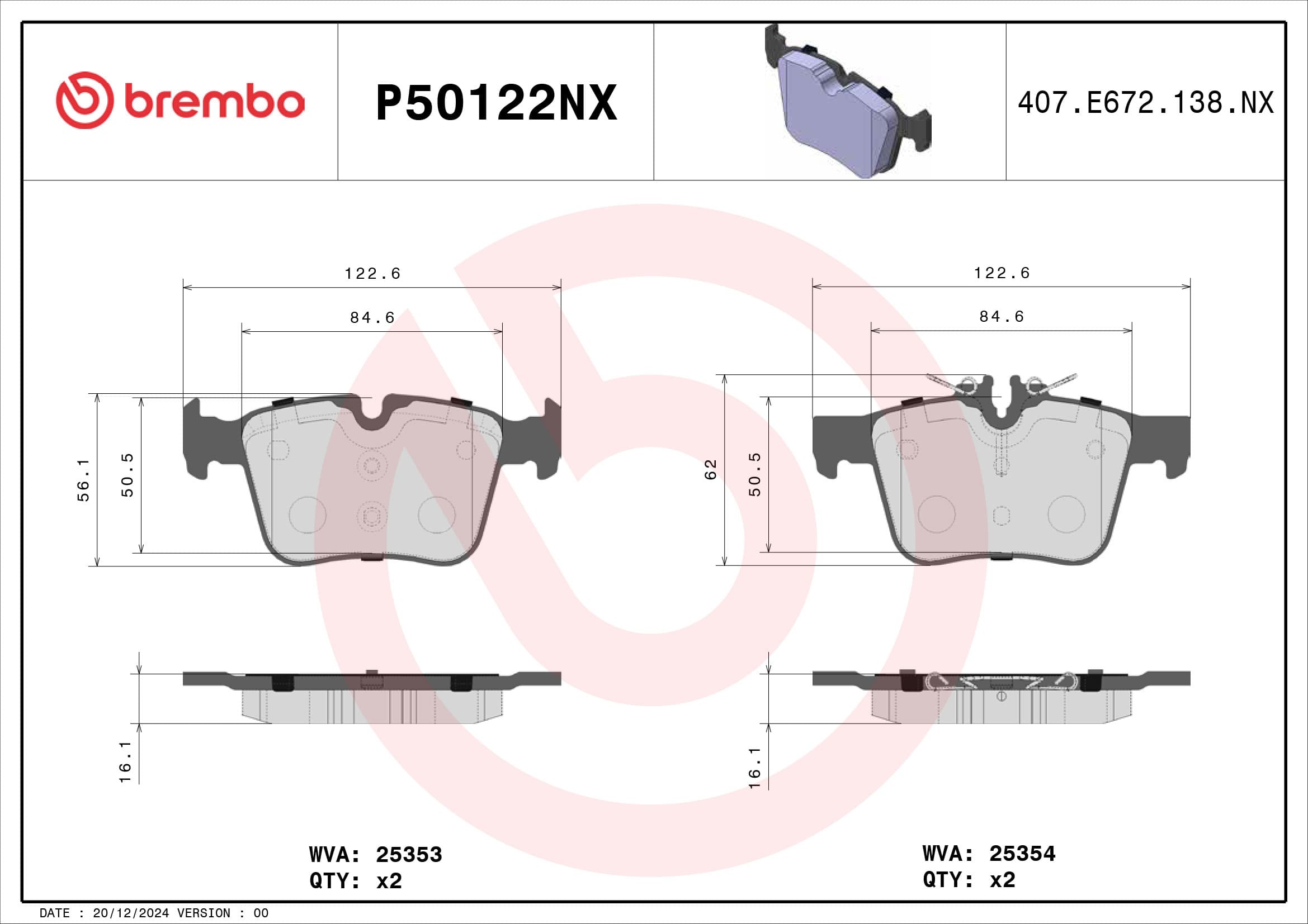 BREMBO Sada brzdových platničiek kotúčovej brzdy P50122NX 1