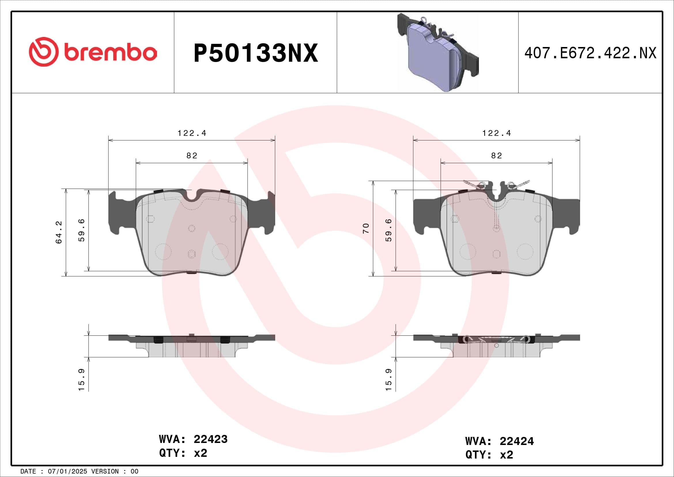 BREMBO Sada brzdových platničiek kotúčovej brzdy P50133NX 1