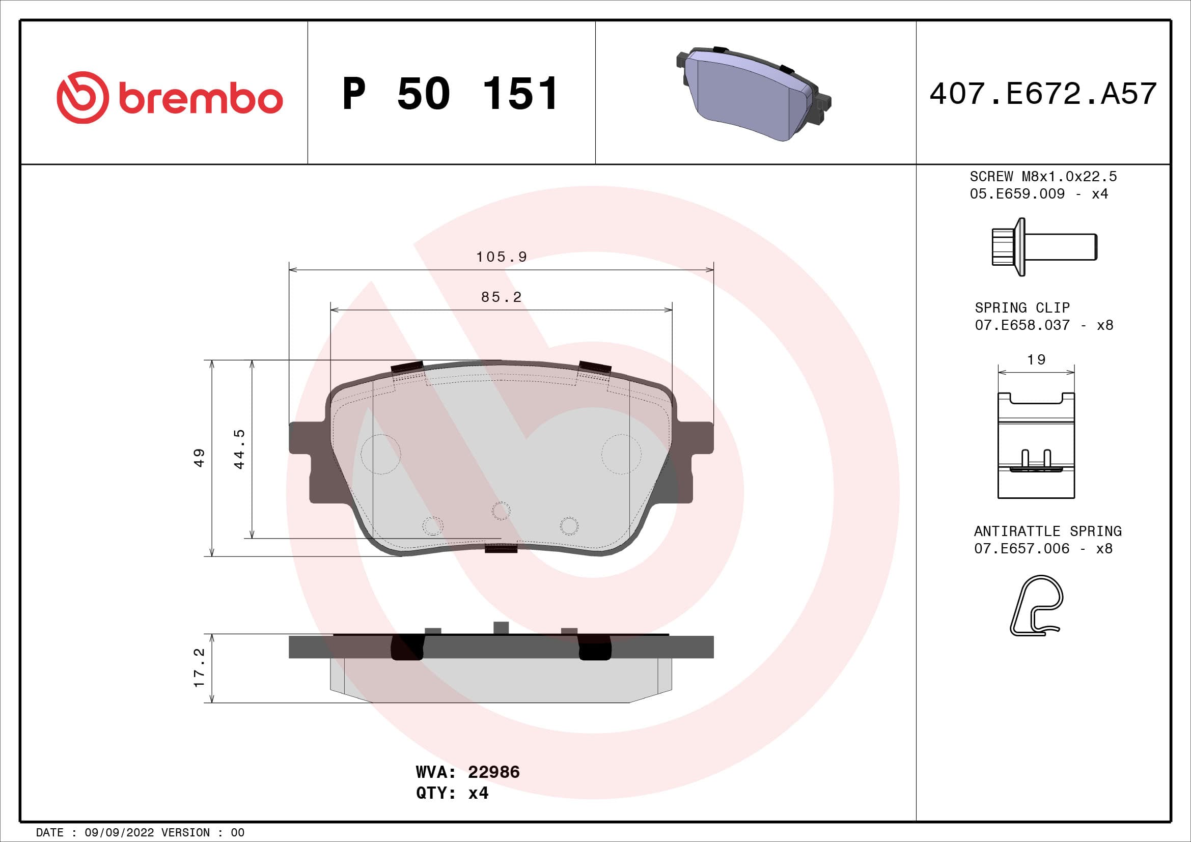 BREMBO Sada brzdových platničiek kotúčovej brzdy P 50 151 1