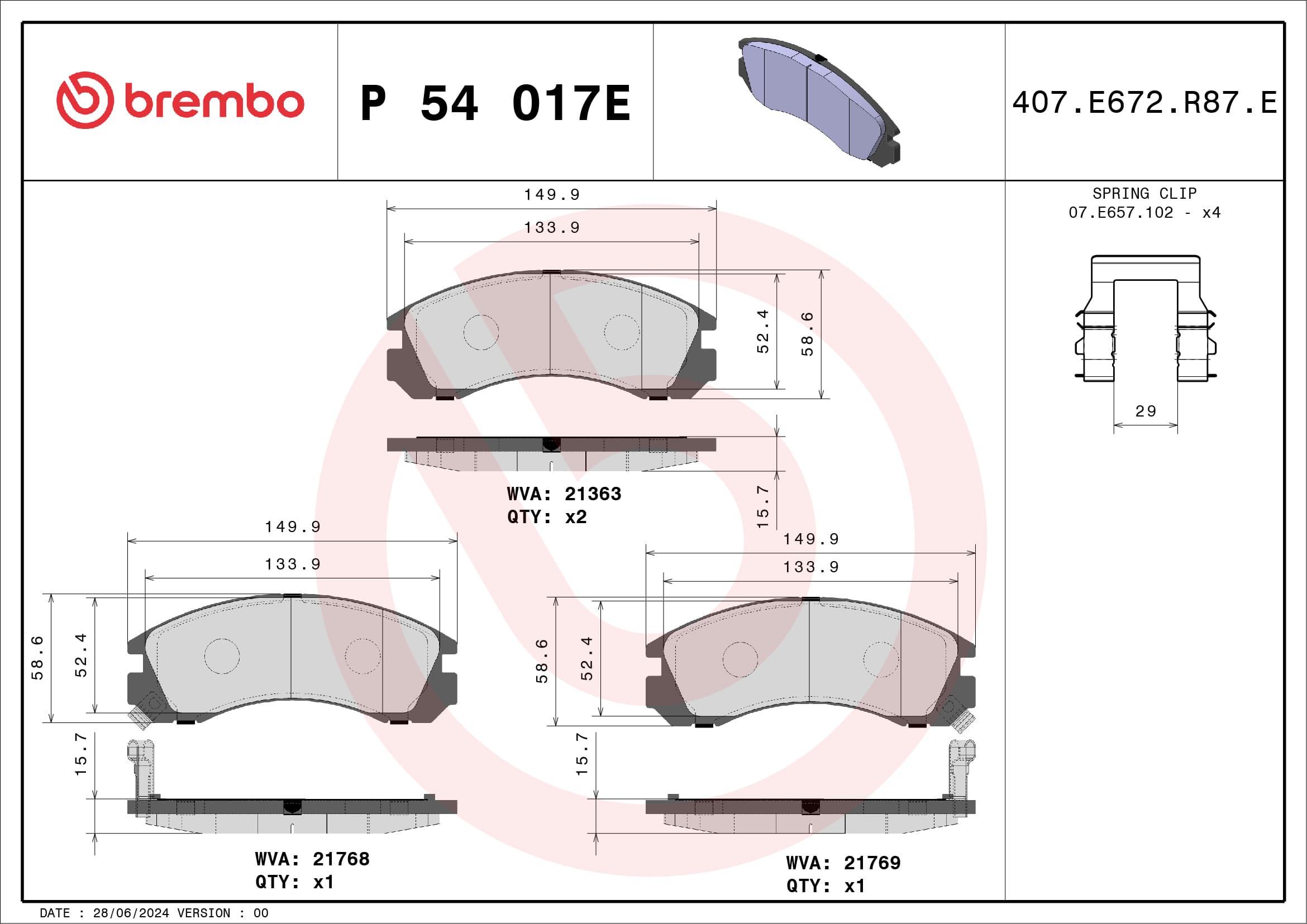 BREMBO Sada brzdových platničiek kotúčovej brzdy P 54 017E 1